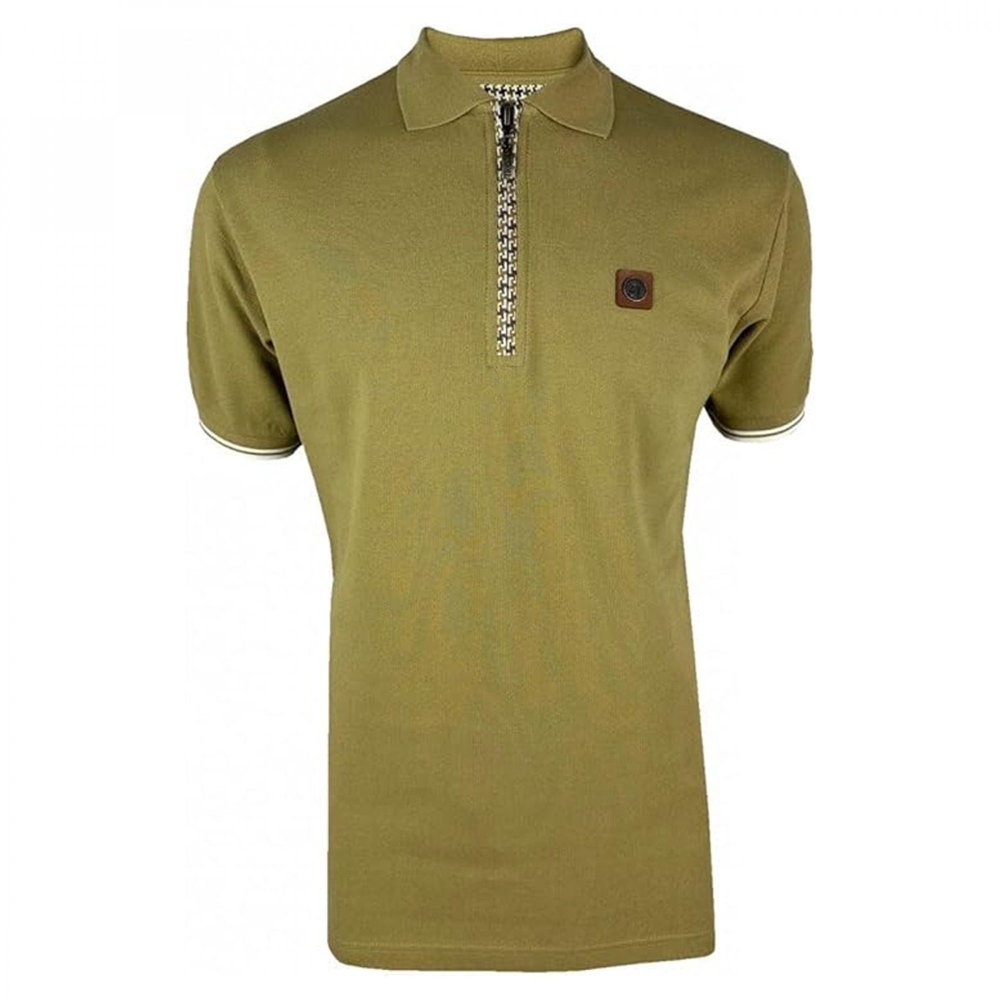 Trojan Houndstooth Trim Zip Polo T-Shirt Camel TR8872
