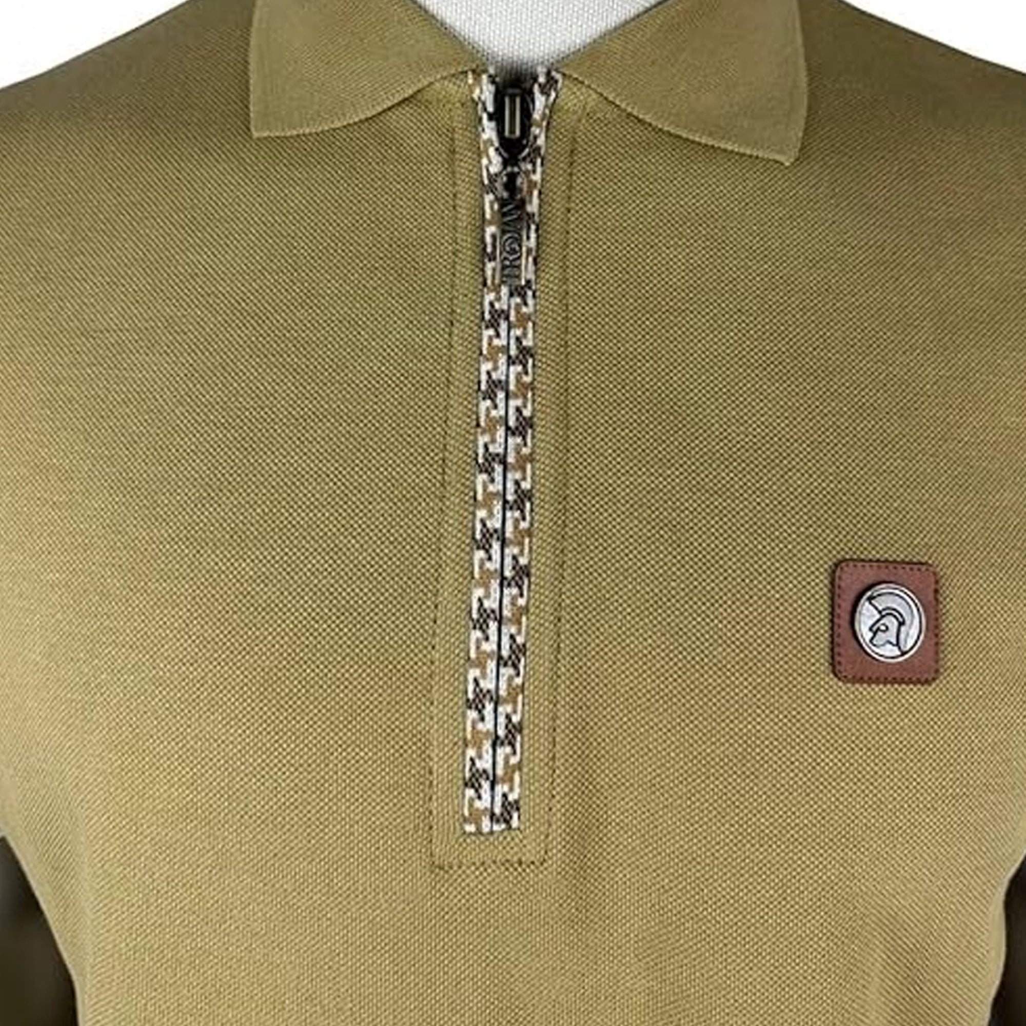 Trojan Houndstooth Trim Zip Polo T-Shirt Camel TR8872