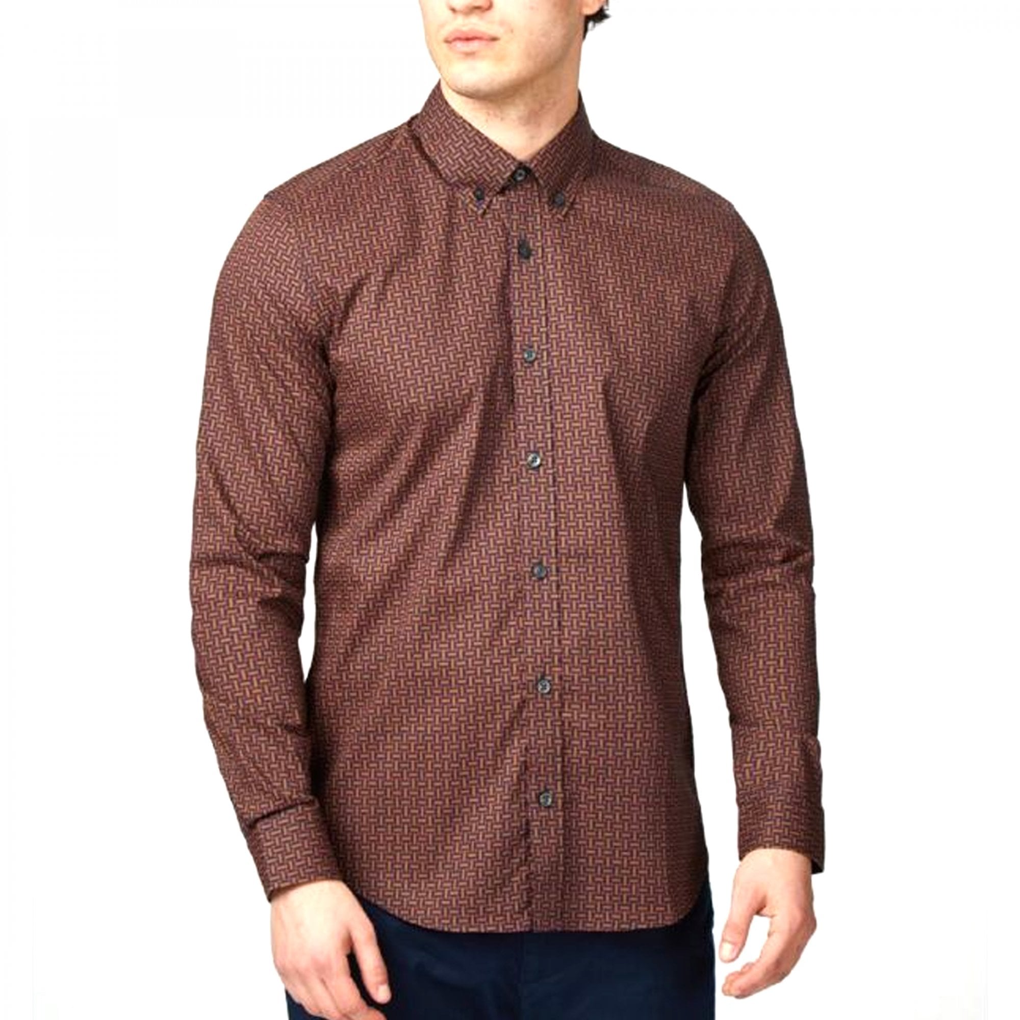 Ben Sherman Split Spot Print Long Sleeve Shirt Brown 77818