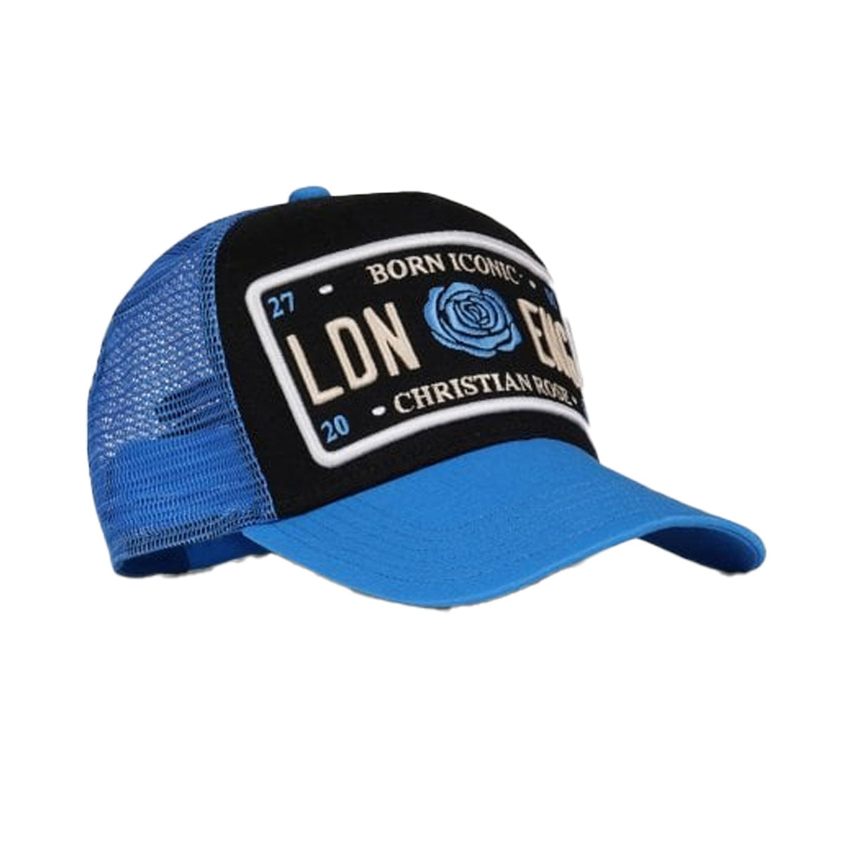 CHRISTIAN ROSE ICONIC PLATE TRUCKER CAP BLACK/BLUE/CREAM
