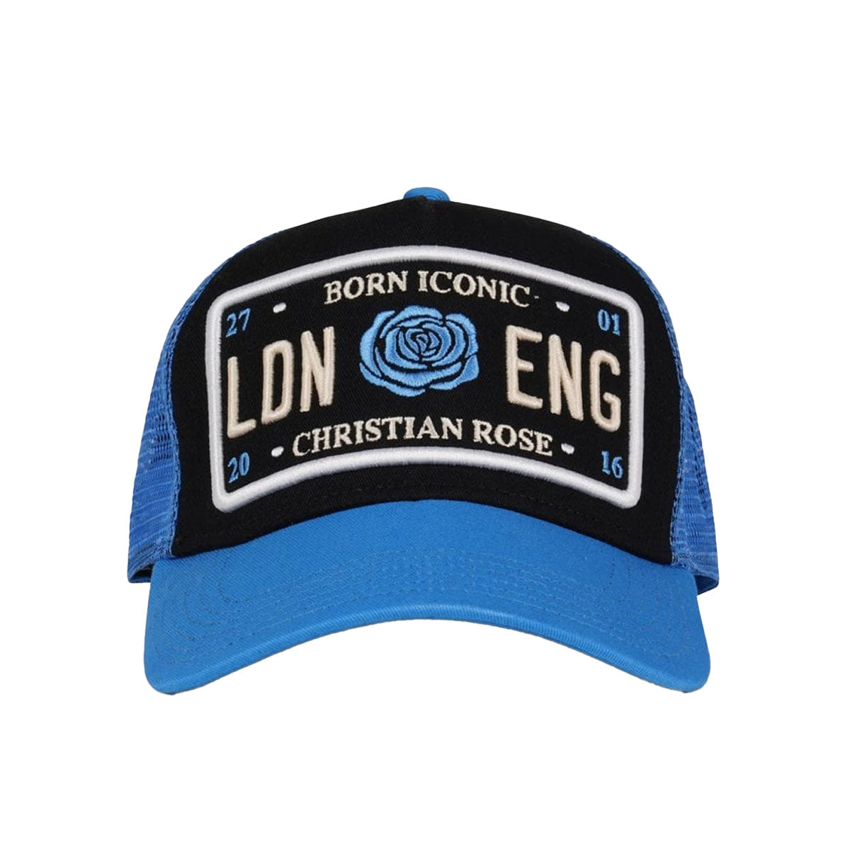 CHRISTIAN ROSE ICONIC PLATE TRUCKER CAP BLACK/BLUE/CREAM
