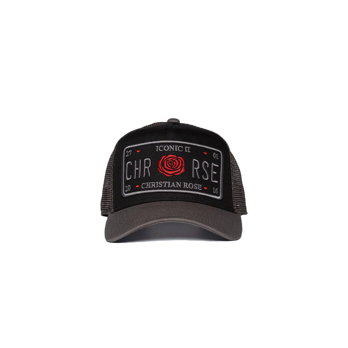 CHRISTIAN ROSE ICONIC II PLATE TRUCKER CAP - GREY / BLACK / RED