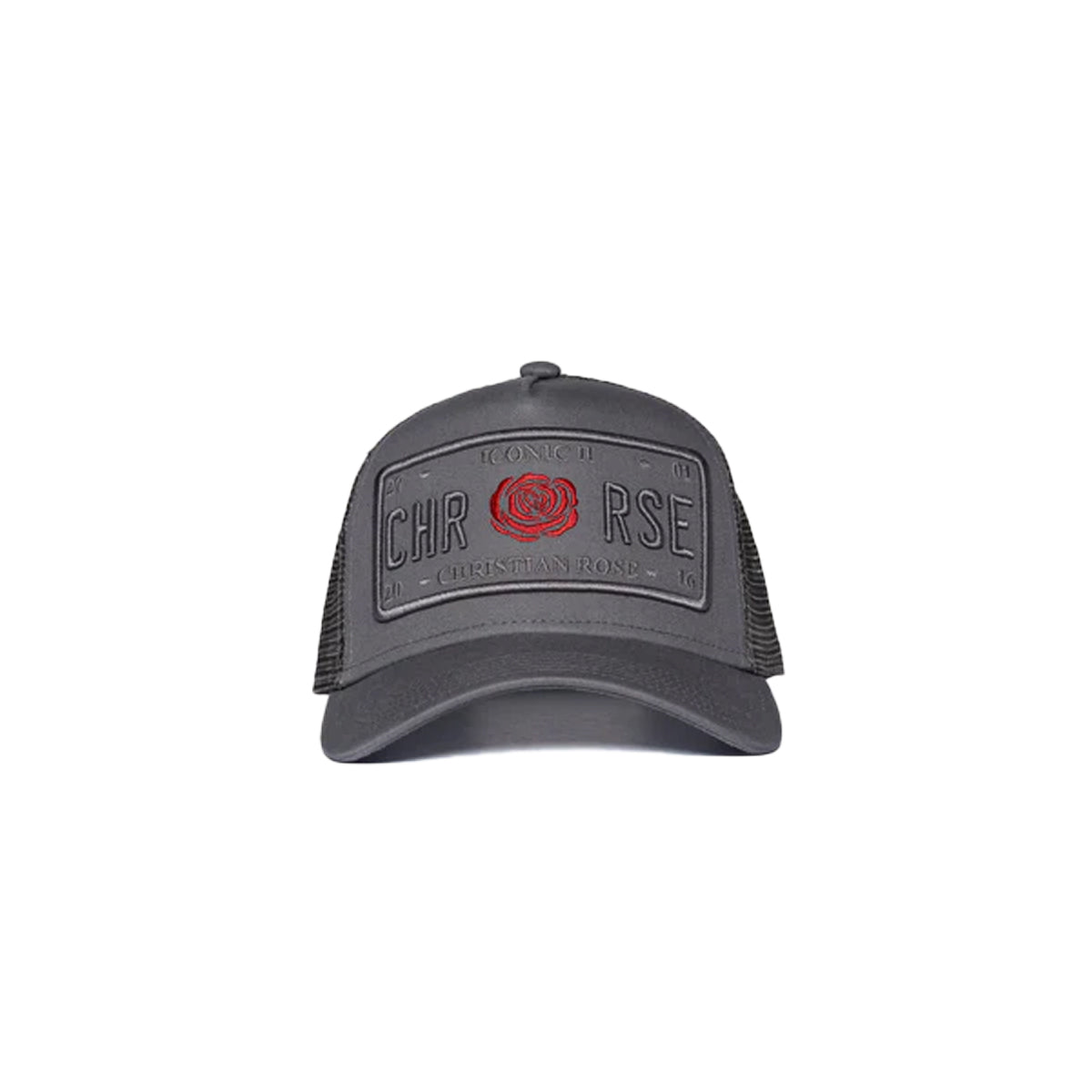 CHRISTIAN ROSE ICONIC II RED ROSE PLATE TRUCKER CAP GREY/GREY/RED