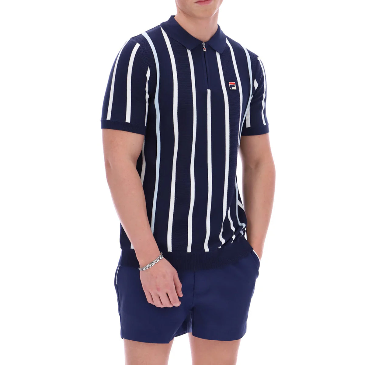 FILA GIORGIO CROCHET PATCHWORK KNITTED ZIP POLO NAVY/WHITE/SKYWAY