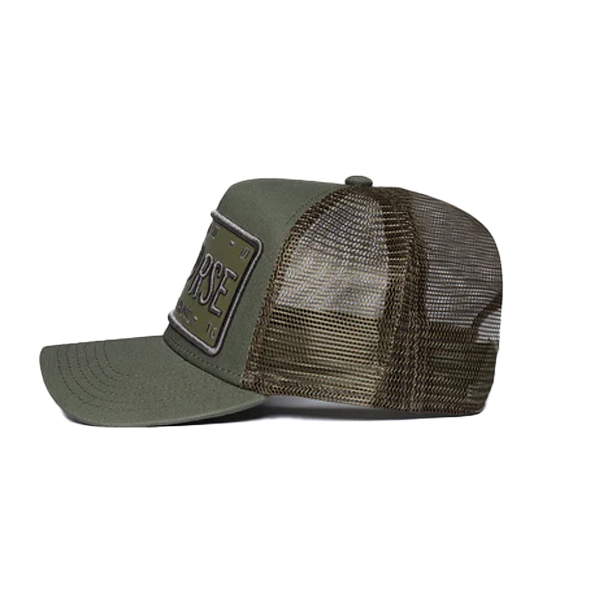 CHRISTIAN ROSE VINYL PATCH TRUCKER CAP – OLIVE GREEN