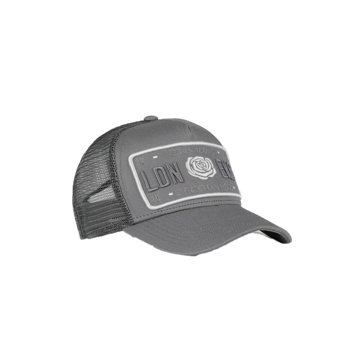 CHRISTIAN ROSE ICONIC PLATE TRUCKER CAP GREY/WHITE