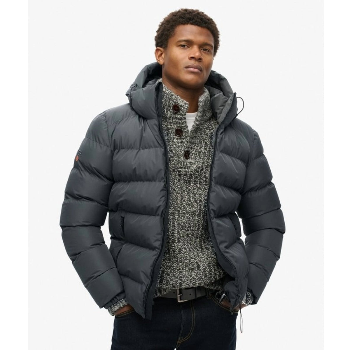 SUPERDRY HOODED SPORTS PUFFER JACKET EBONY GREY H1P