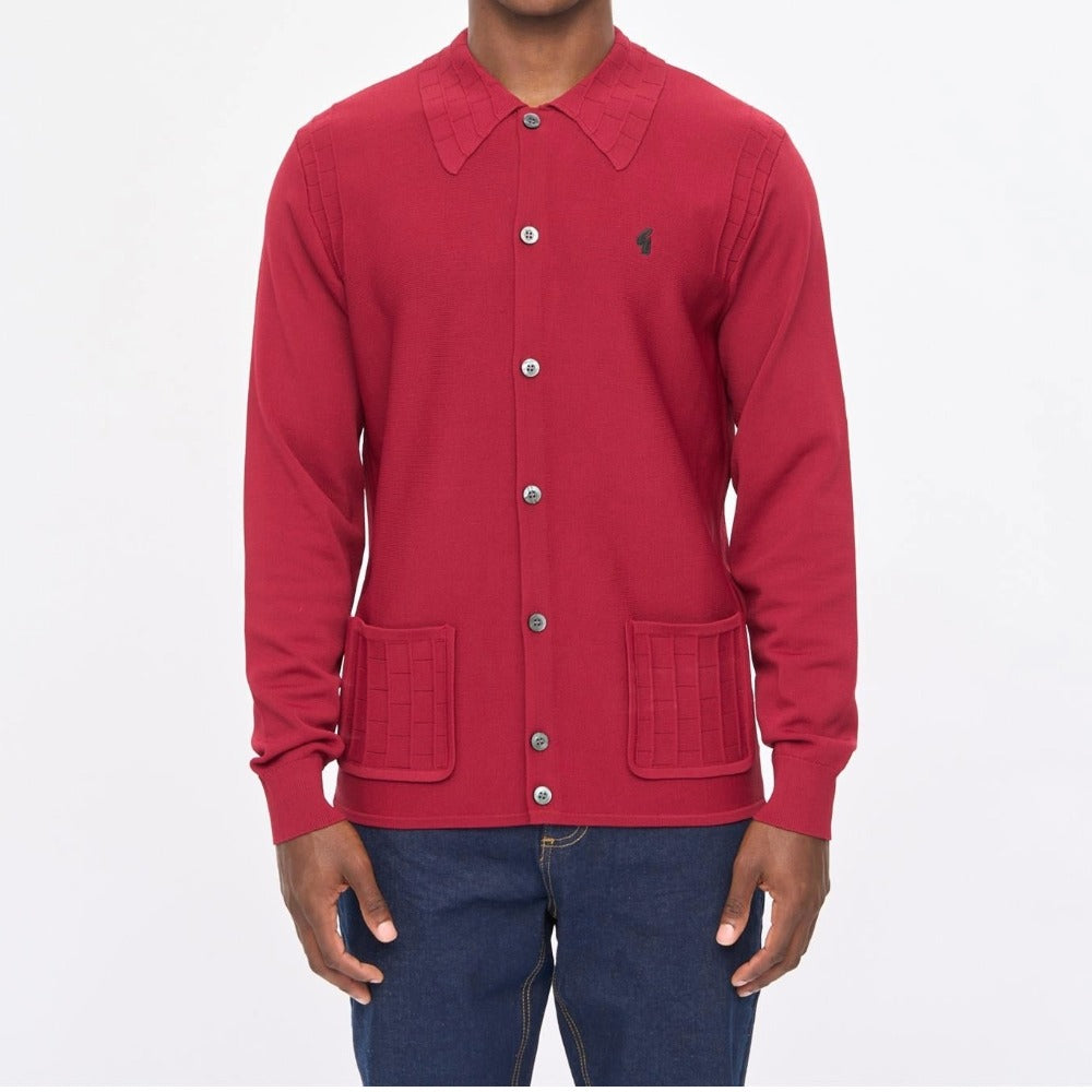 GABICCI ARCHIVE EDDIE KNITTED L/S FULL BUTTON JUMPER CLARET V57GM27