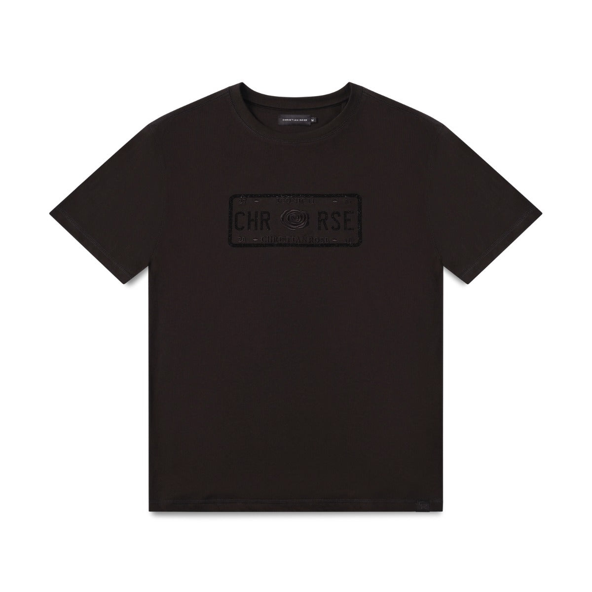 CHRISTIAN ROSE BIG CHEST RHINESTONE PLATE T-SHIRT BLACK