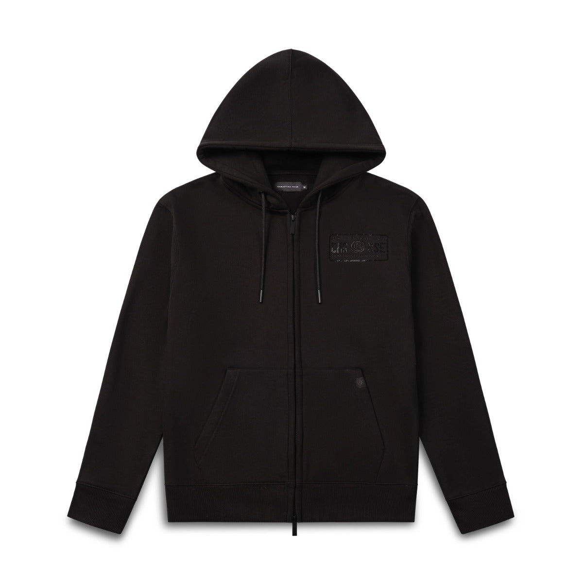 CHRISTIAN ROSE LEFT CHEST RHINESTONE PLATE ZIP THRU HOODIE BLACK