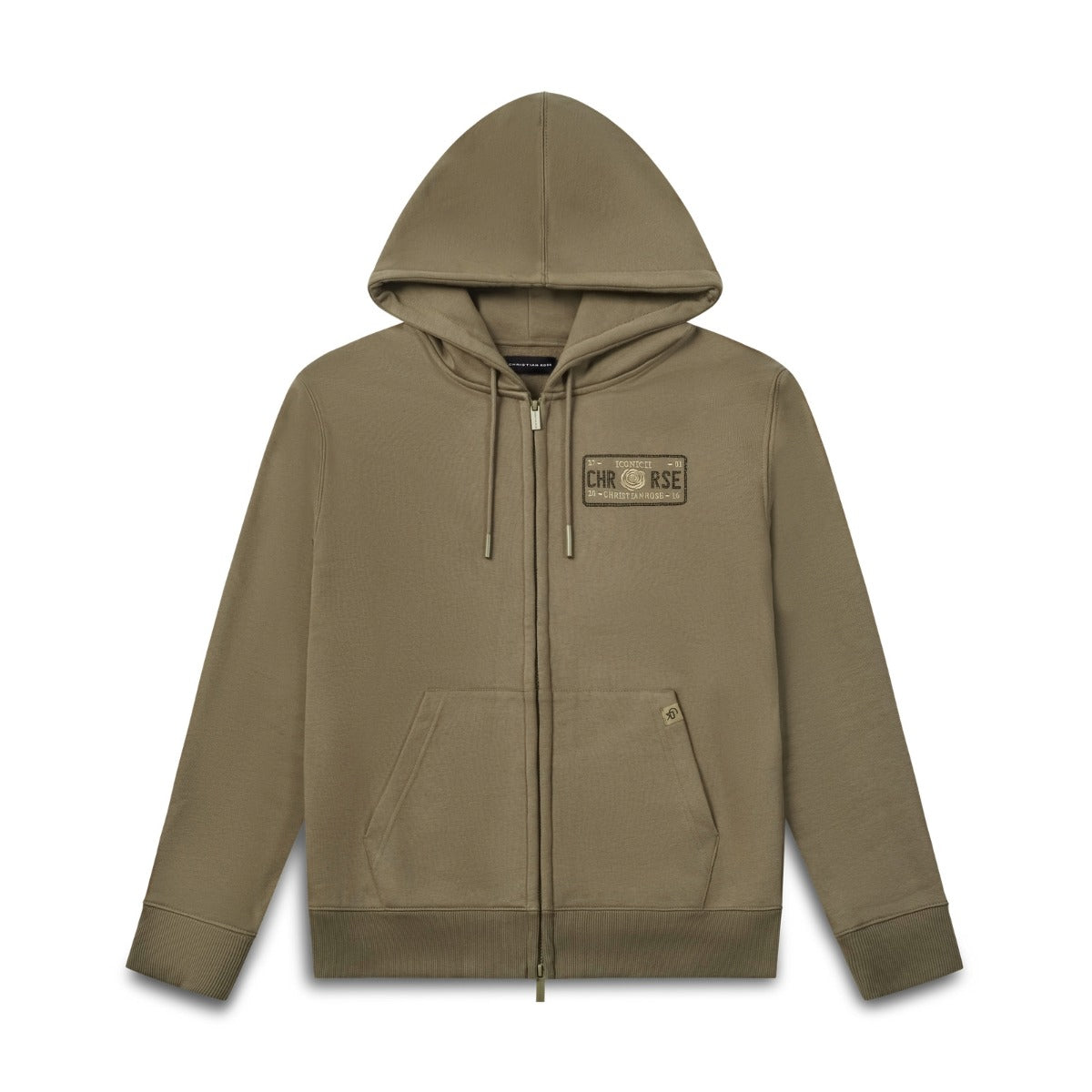 CHRISTIAN ROSE LEFT CHEST RHINESTONE PLATE ZIP THRU HOODIE OLIVE