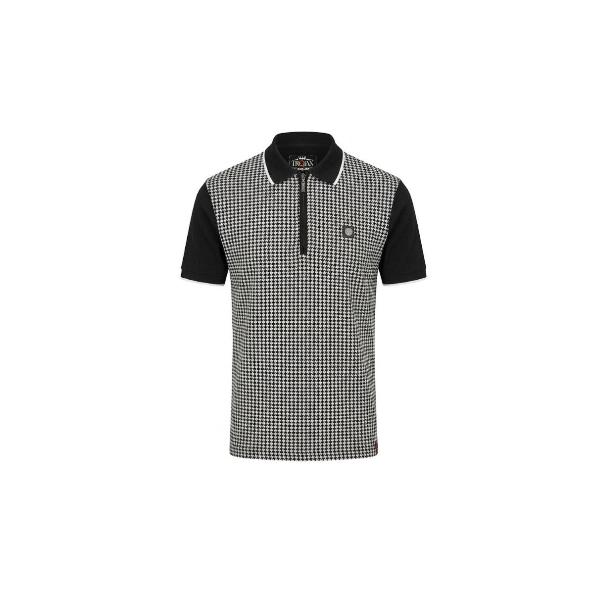 TROJAN MONO HOUNDSTOOTH ZIP POLO T-SHIRT BLACK TR9125
