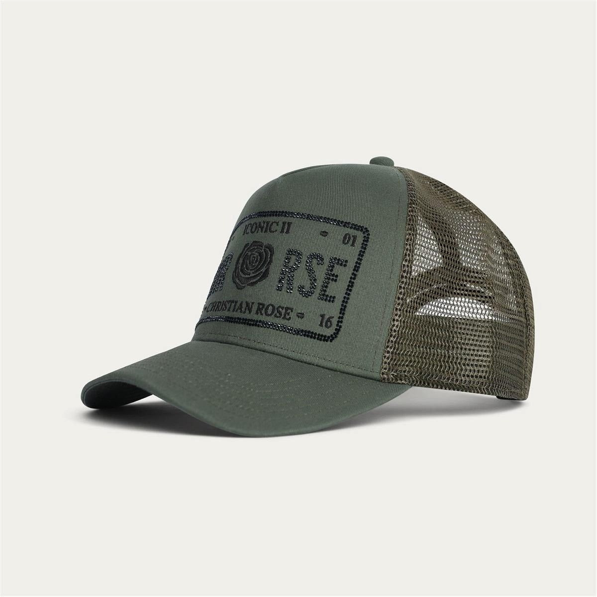 CHRISTIAN ROSE HALF RHINESTONE CAP OLIVE/BLACK CR049OB