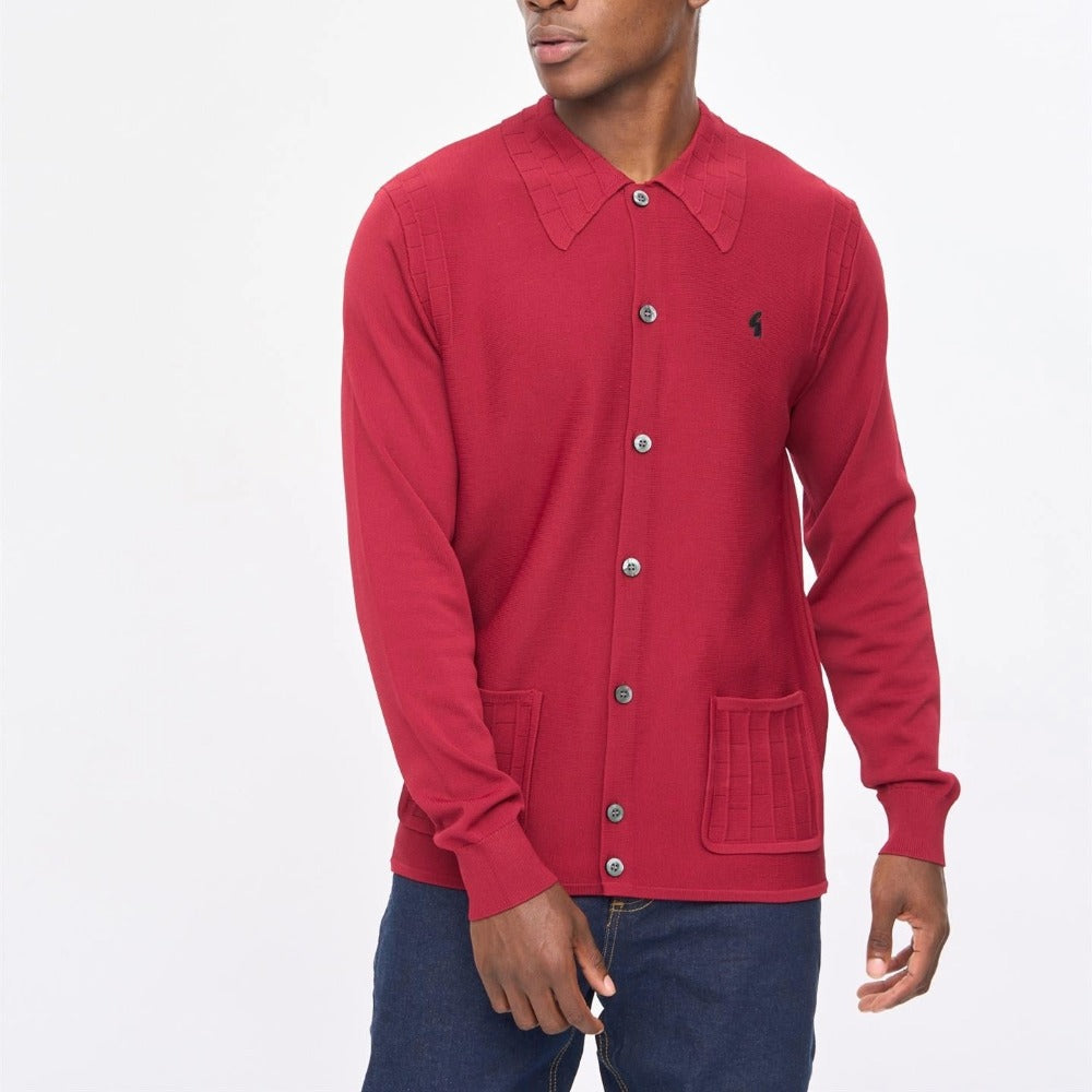 GABICCI ARCHIVE EDDIE KNITTED L/S FULL BUTTON JUMPER CLARET V57GM27
