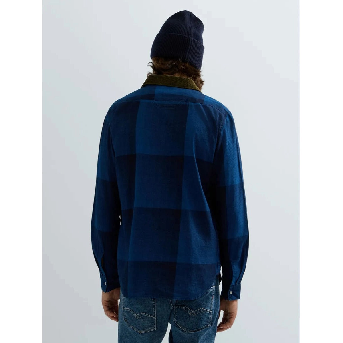 REPLAY CHECKED SHIRT WITH CORDUROY COLLAR M105U BLUE