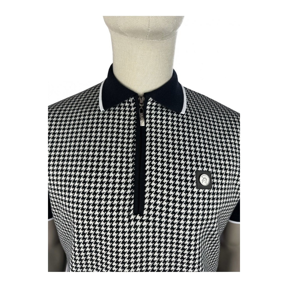 TROJAN MONO HOUNDSTOOTH ZIP POLO T-SHIRT BLACK TR9125