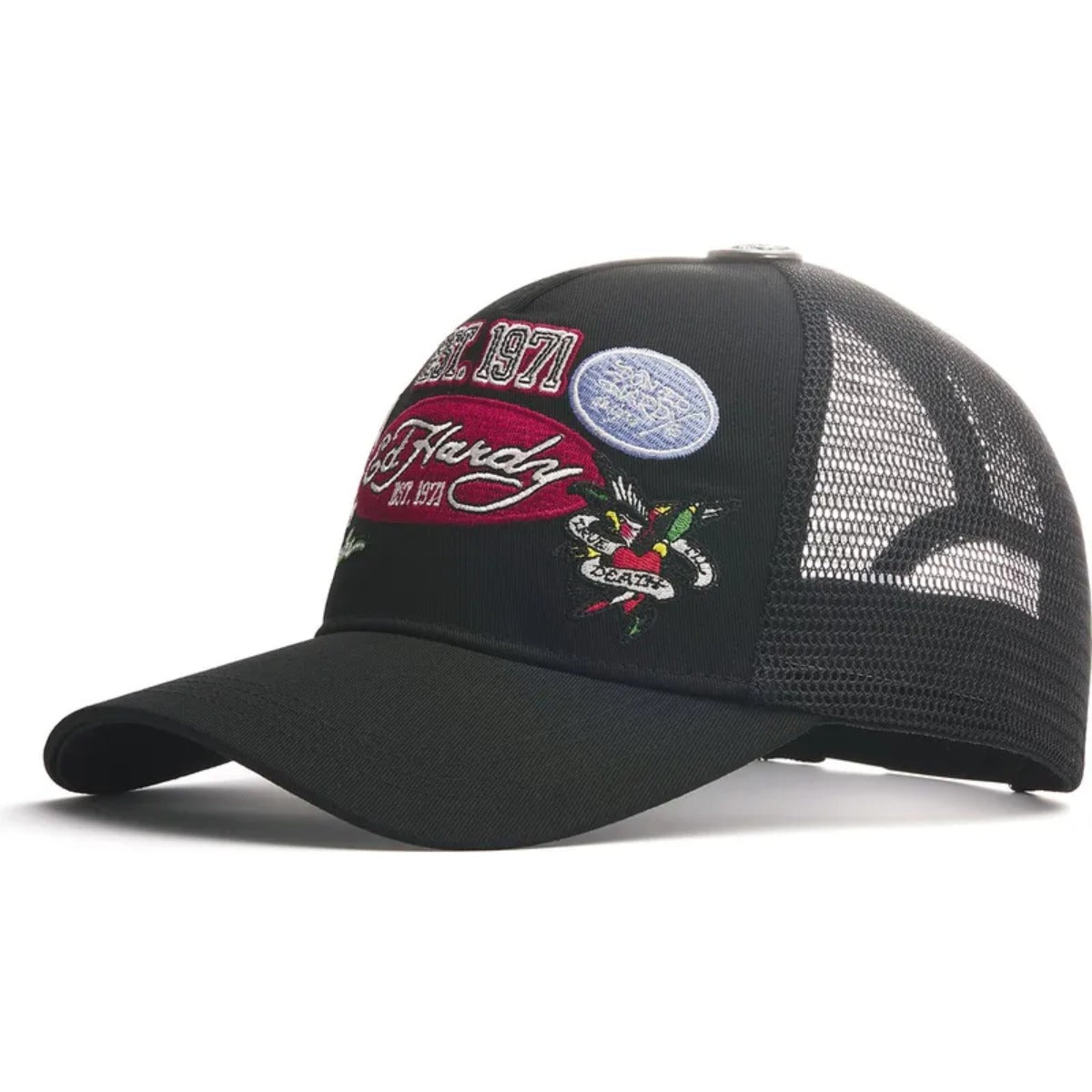 ED HARDY 1971 VARSITY BADGE TRUCKER CAP BLACK/BLACK