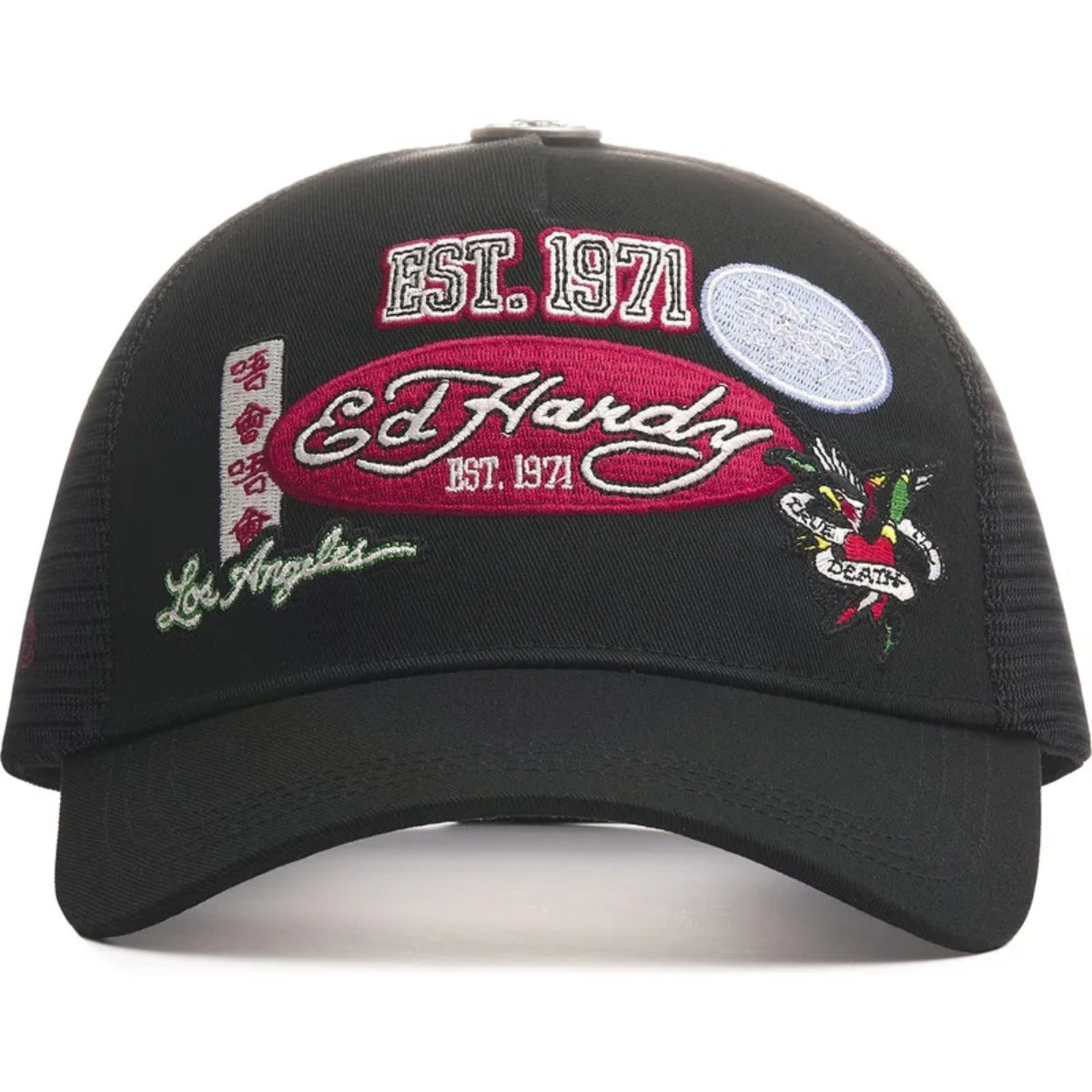 ED HARDY 1971 VARSITY BADGE TRUCKER CAP BLACK/BLACK