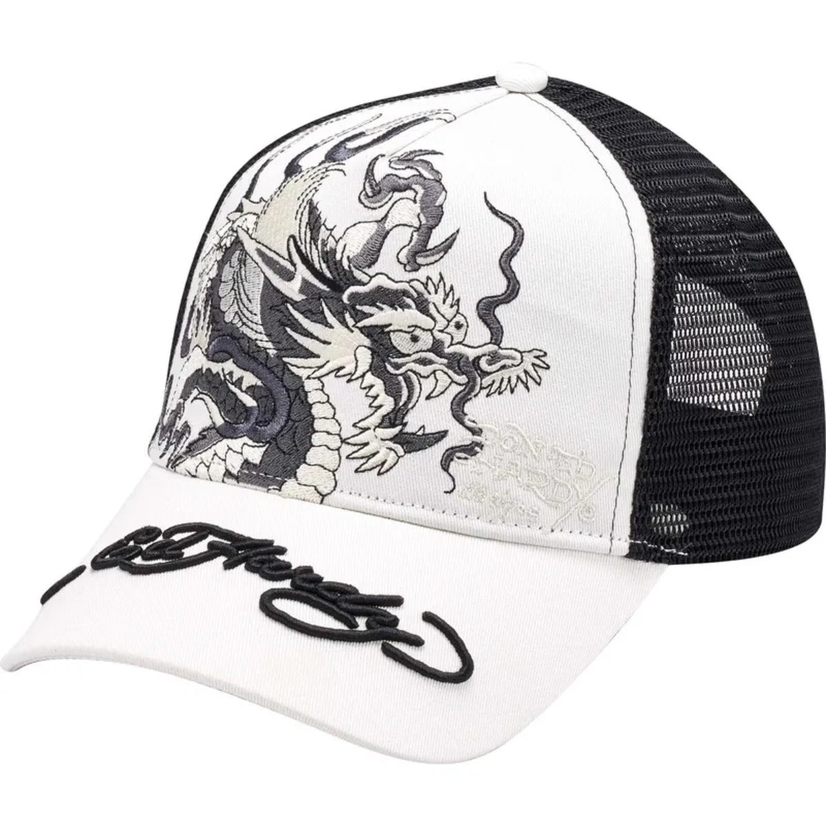 ED HARDY MONO GIANT DRAGON TRUCKER CAP WHITE/BLACK