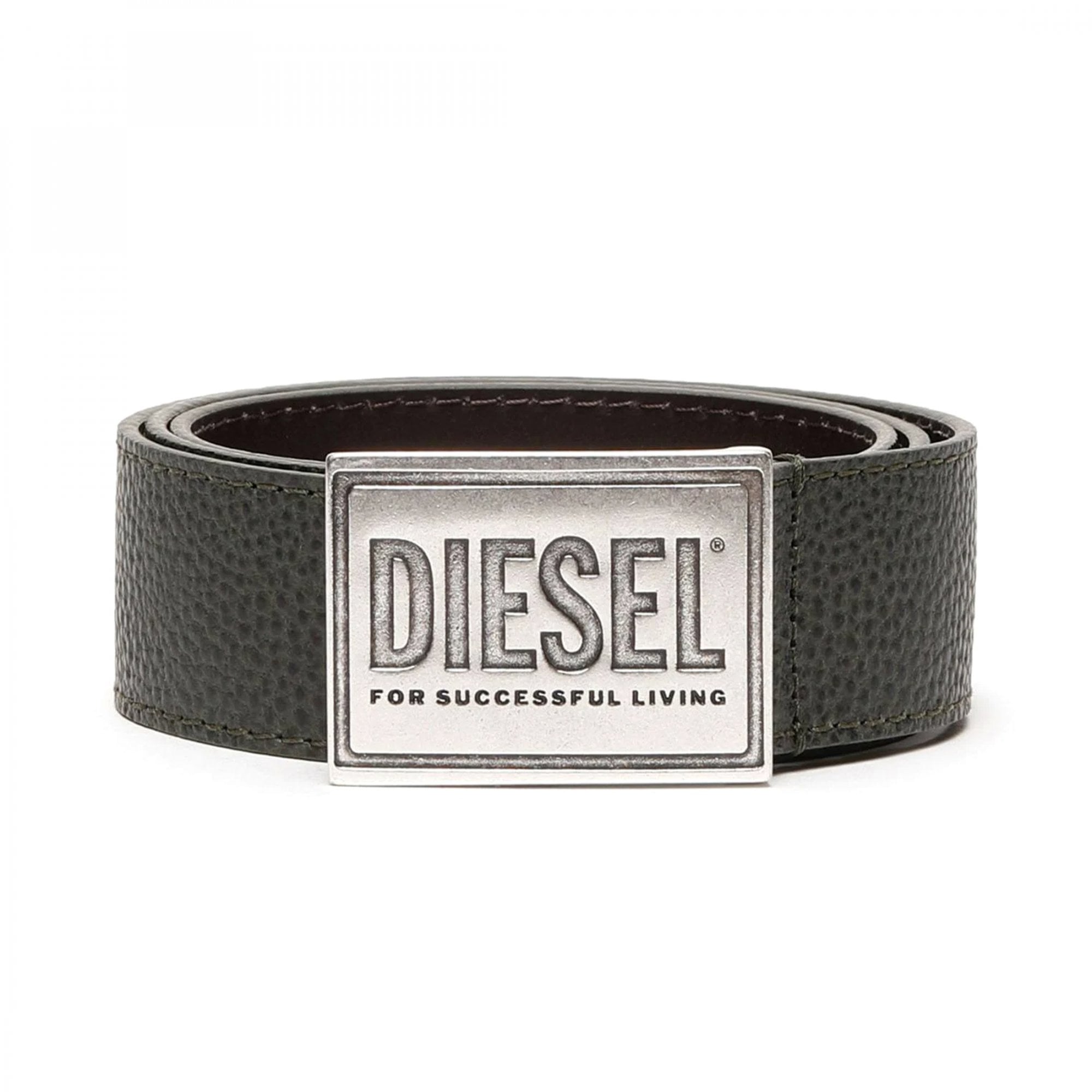 Diesel B-Grain II Belt Dark Green Leather Silver Plaque Buckle X08893