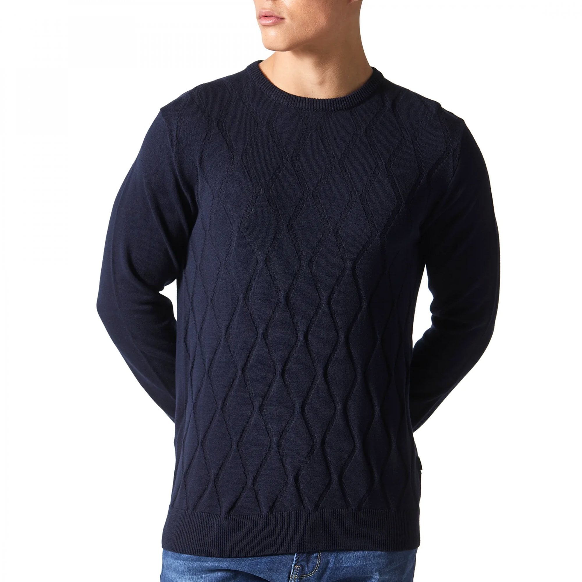 Police Ralston Crew Neck Lightweight Jacquard Knitted Jumper Navy