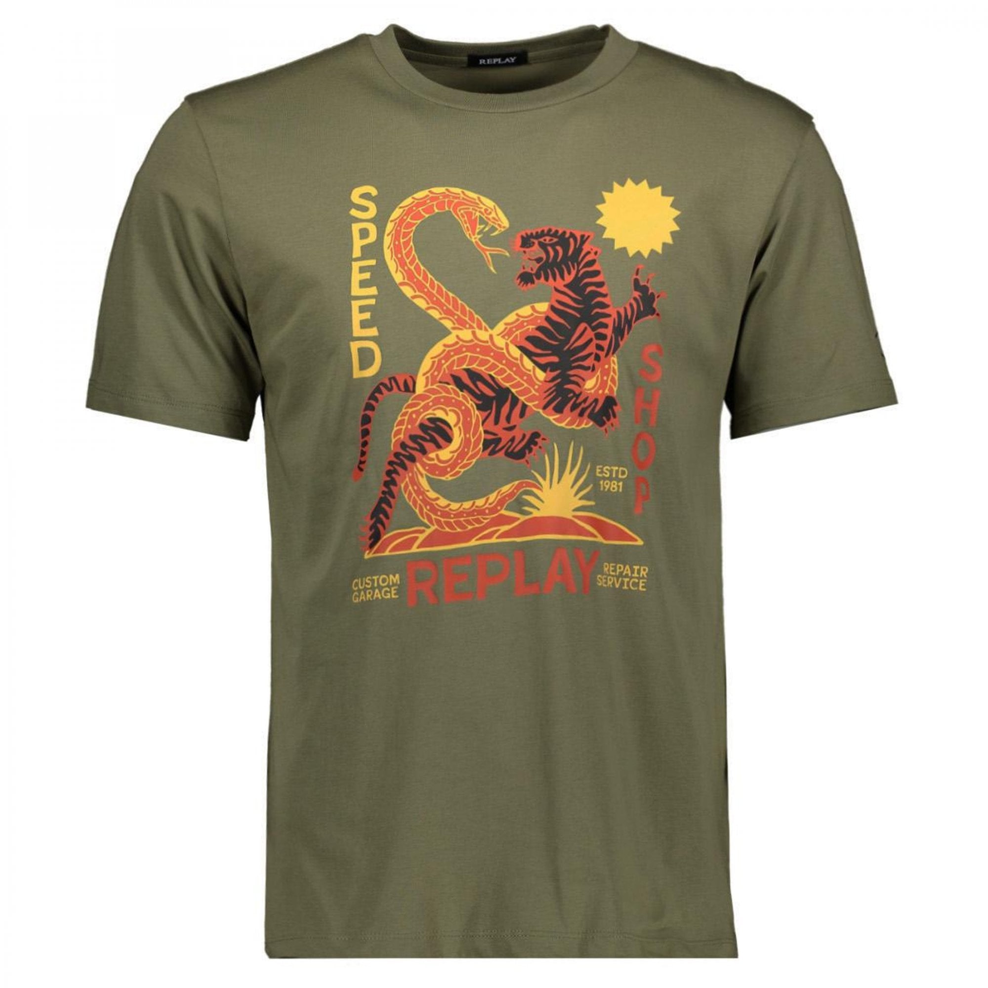 Replay Tiger & Snake Graphic Print T-Shirt Olive Green M6838
