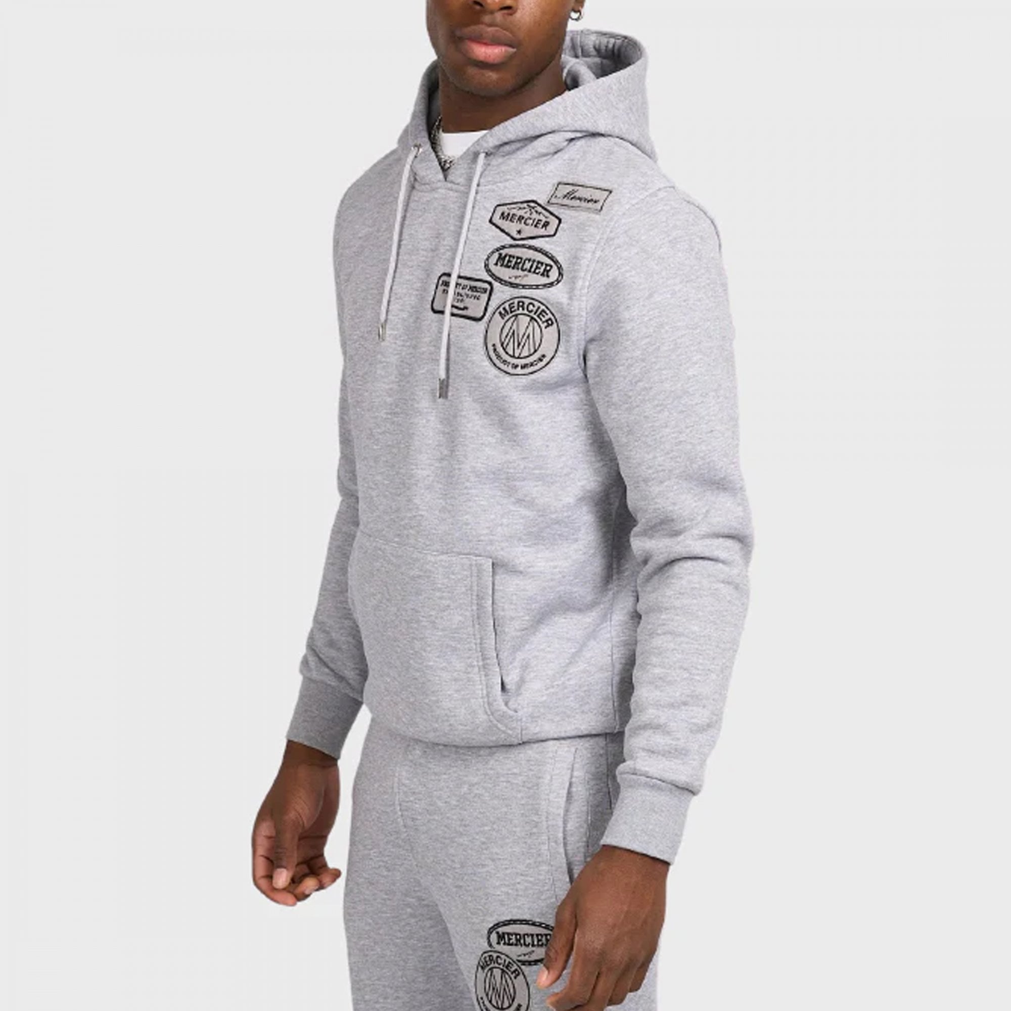 Mercier Mono Badge Overhead Grey Marl Hoody Sweatshirt MERC114