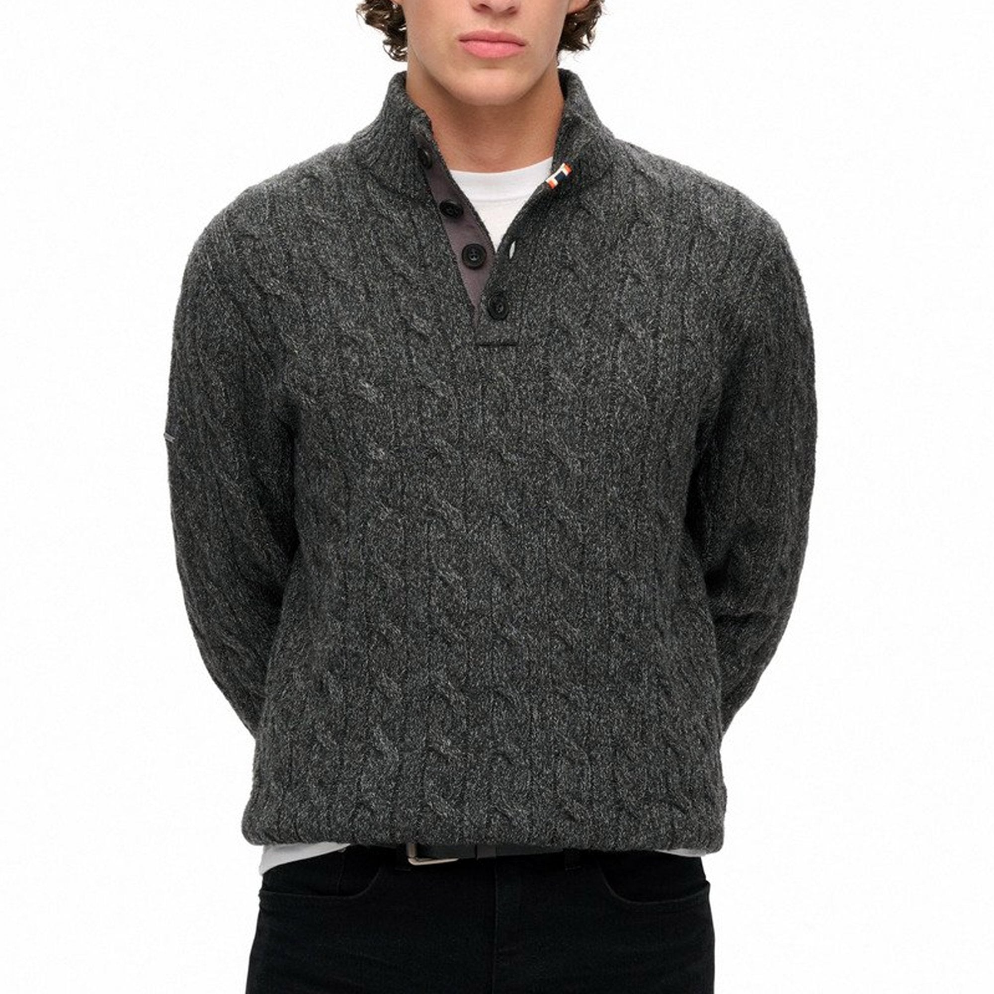 Superdry Cable Button Neck Jumper Washed Black Twist AFB