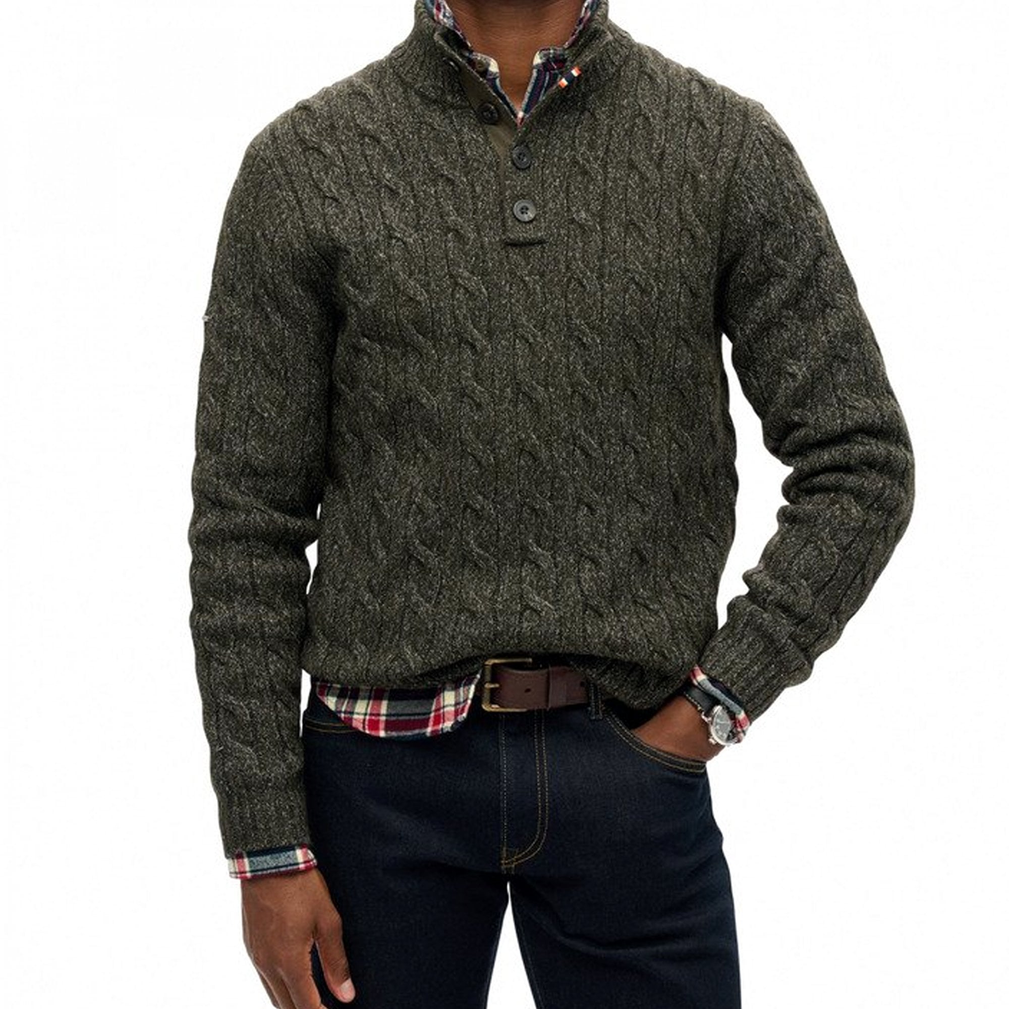 Superdry Cable Button Neck Jumper Olive Green 1KM