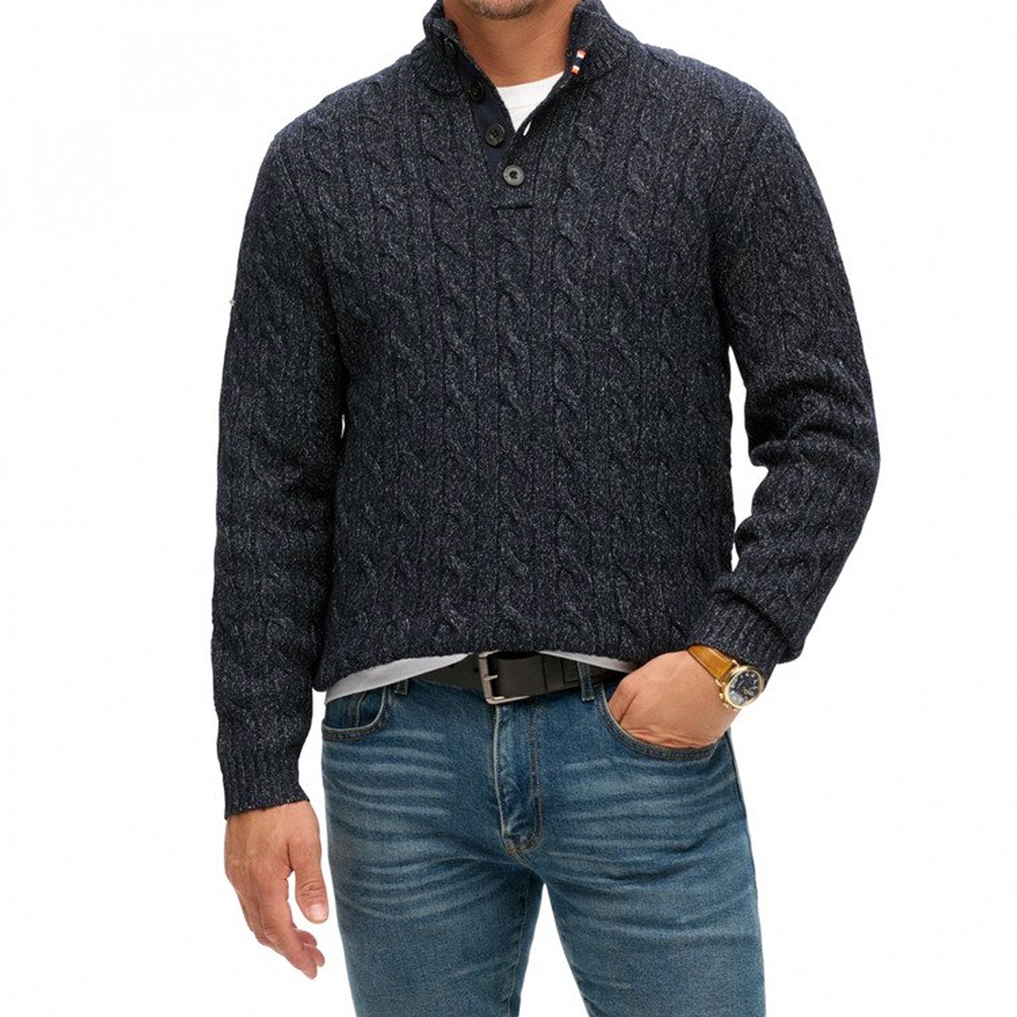 Superdry Cable Button Neck Jumper Darkest Navy 49P