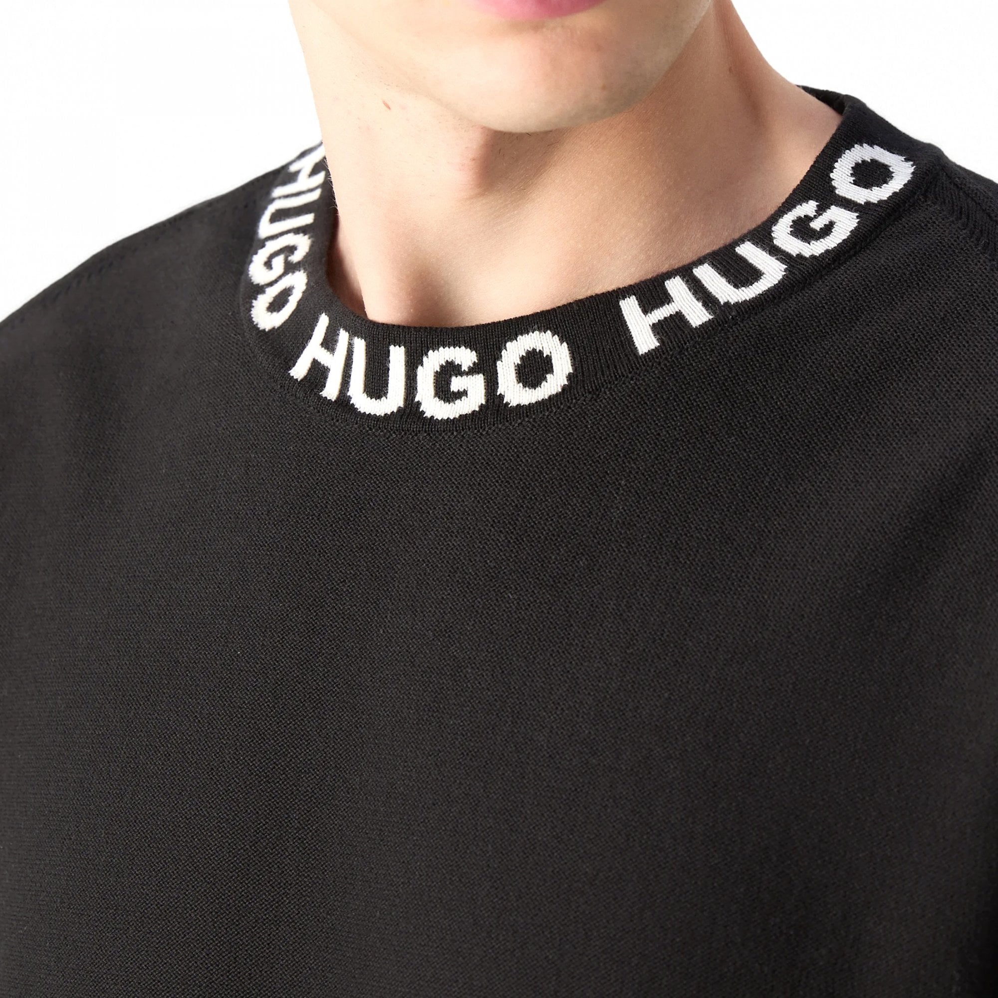 Hugo Smarlo Logo Collar Crew Neck Jumper Black 002 50474813