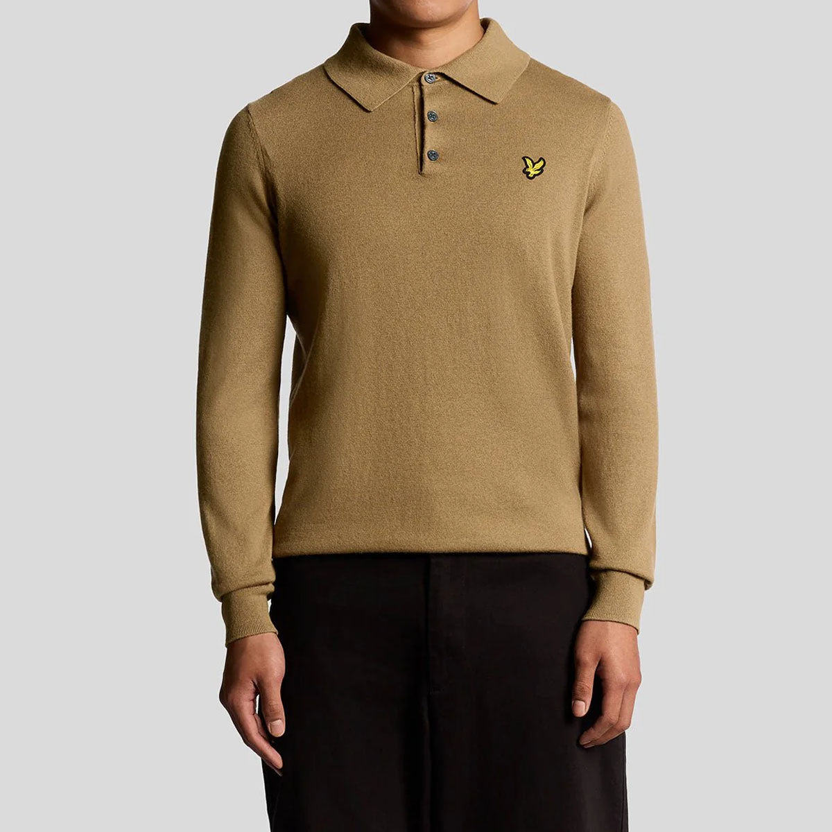 LYLE & SCOTT COTTON MERINO LONG SLEEVE CAMEL KNITTED POLO KN2113VC