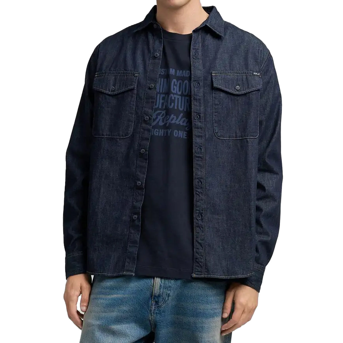 REPLAY DOUBLE POCKET DARK BLUE DENIM SHIRT M4124