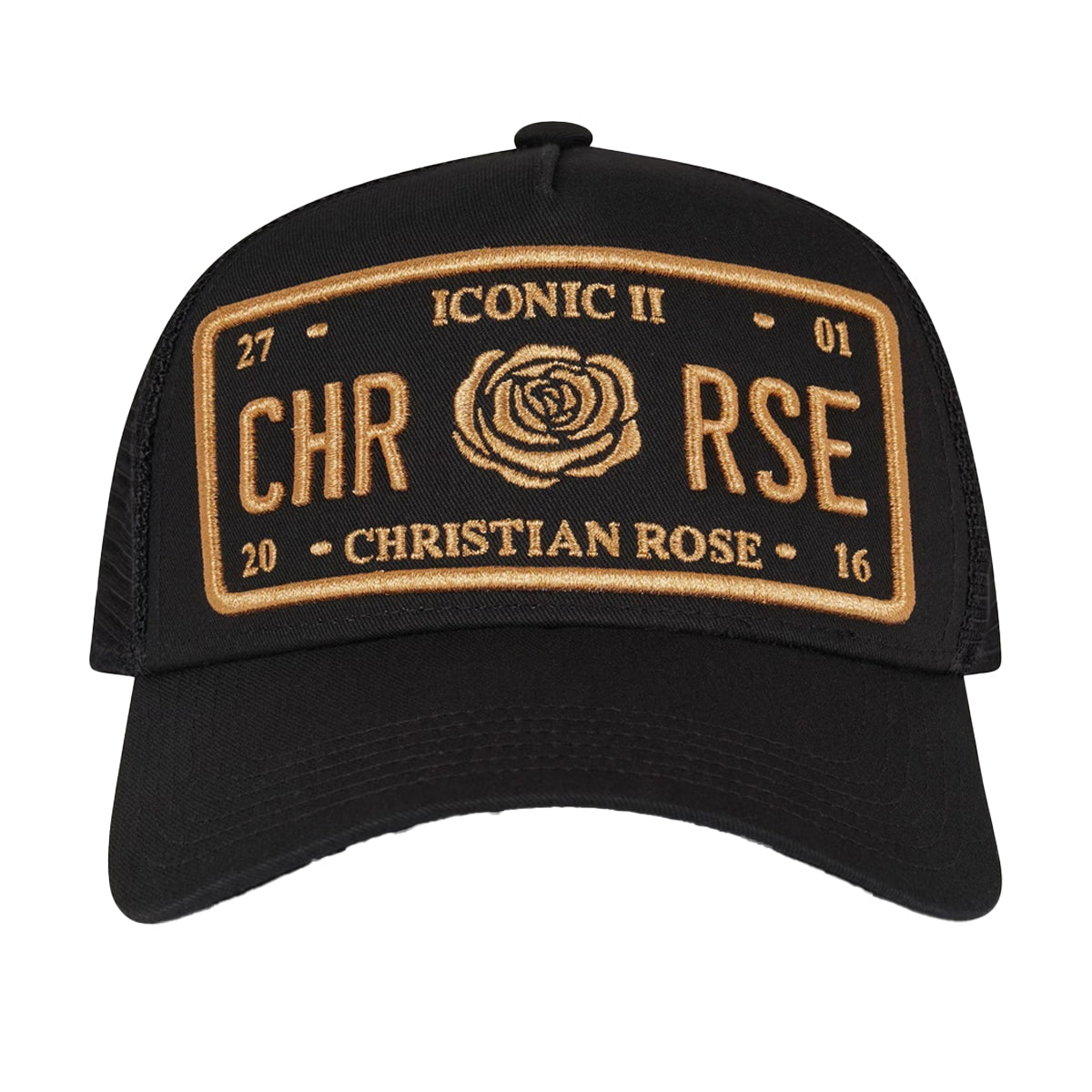 CHRISTIAN ROSE ICONIC II PLATE TRUCKER CAP BLACK/GOLD