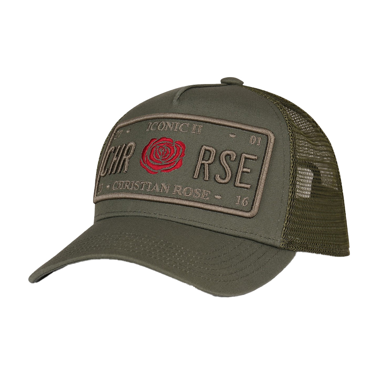 CHRISTIAN ROSE ICONIC II RED ROSE PLATE TRUCKER CAP OLIVE