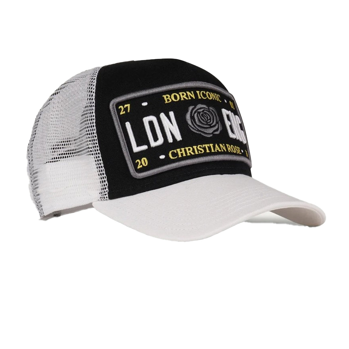 CHRISTIAN ROSE ICONIC PLATE TRUCKER CAP BLACK/GREY/YELLOW