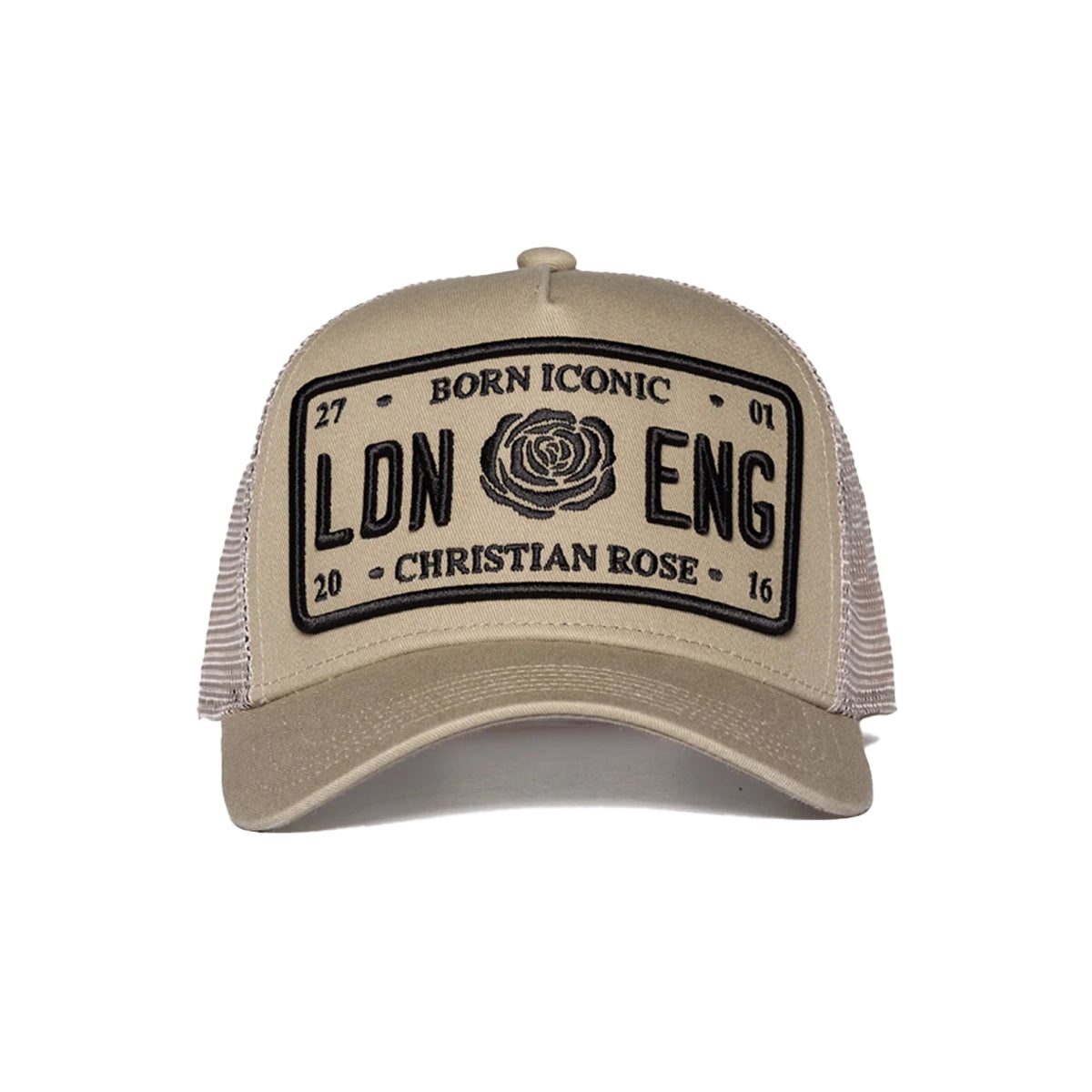CHRISTIAN ROSE ICONIC PLATE TRUCKER CAP SAND/BLACK