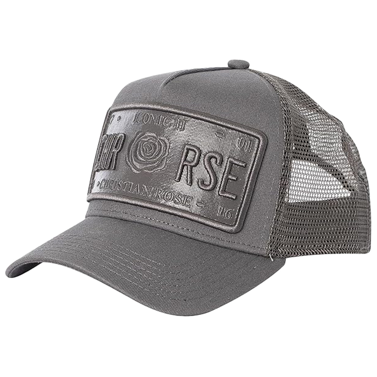 CHRISTIAN ROSE ICONIC VINYL PATCH TRUCKER CAP GREY