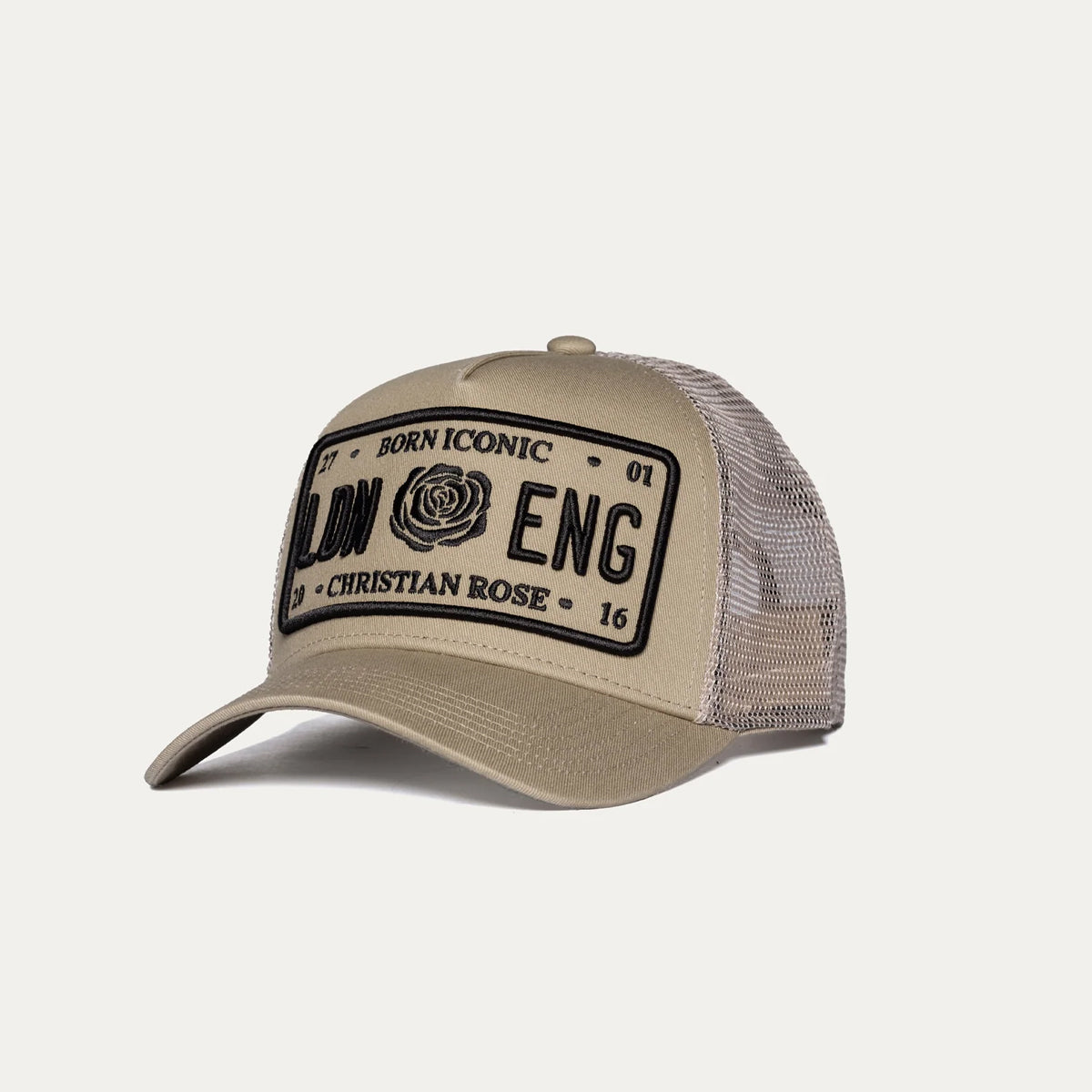 CHRISTIAN ROSE ICONIC PLATE TRUCKER CAP SAND/BLACK