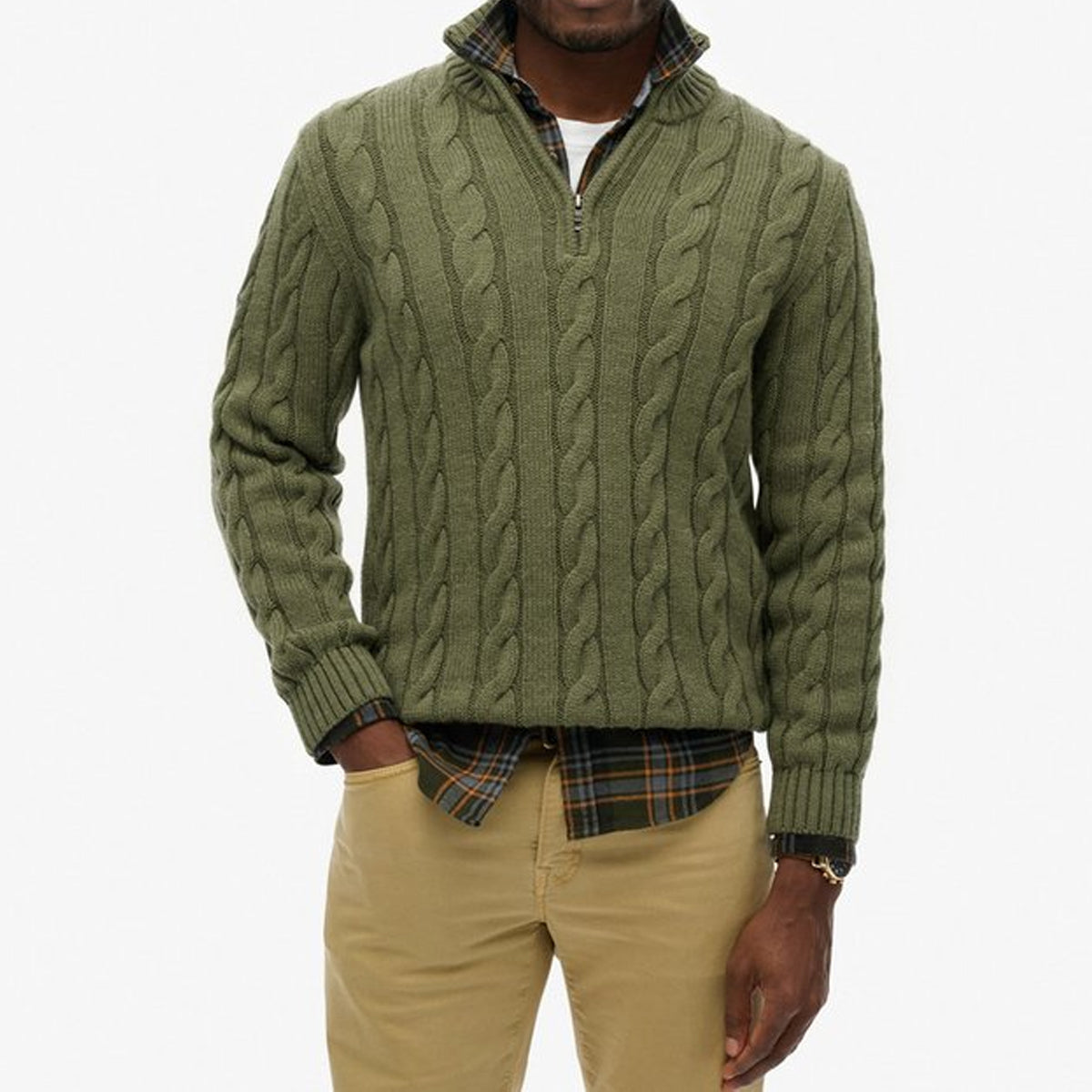 SUPERDRY JACOB CABLE KNIT HALF ZIP JUMPER MOSS GREEN OCW