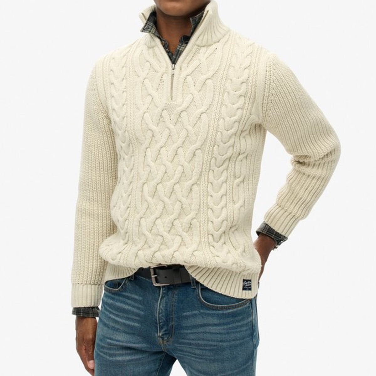 SUPERDRY JACOB CABLE KNIT HALF ZIP JUMPER ECRU 39E
