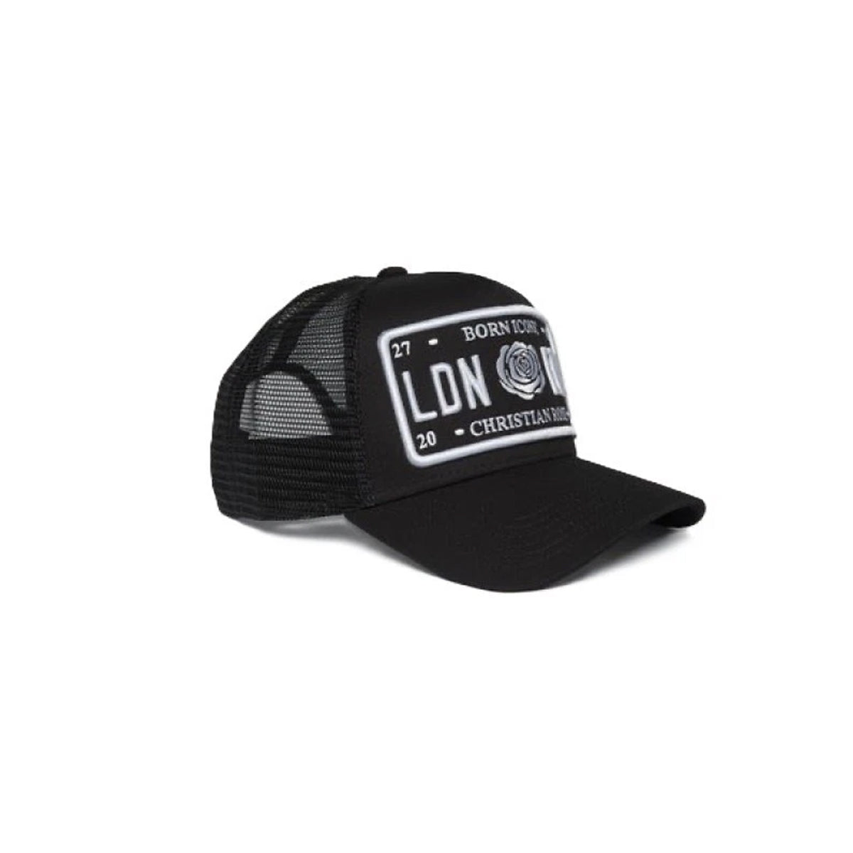 CHRISTIAN ROSE ICONIC PLATE TRUCKER CAP BLACK/WHITE