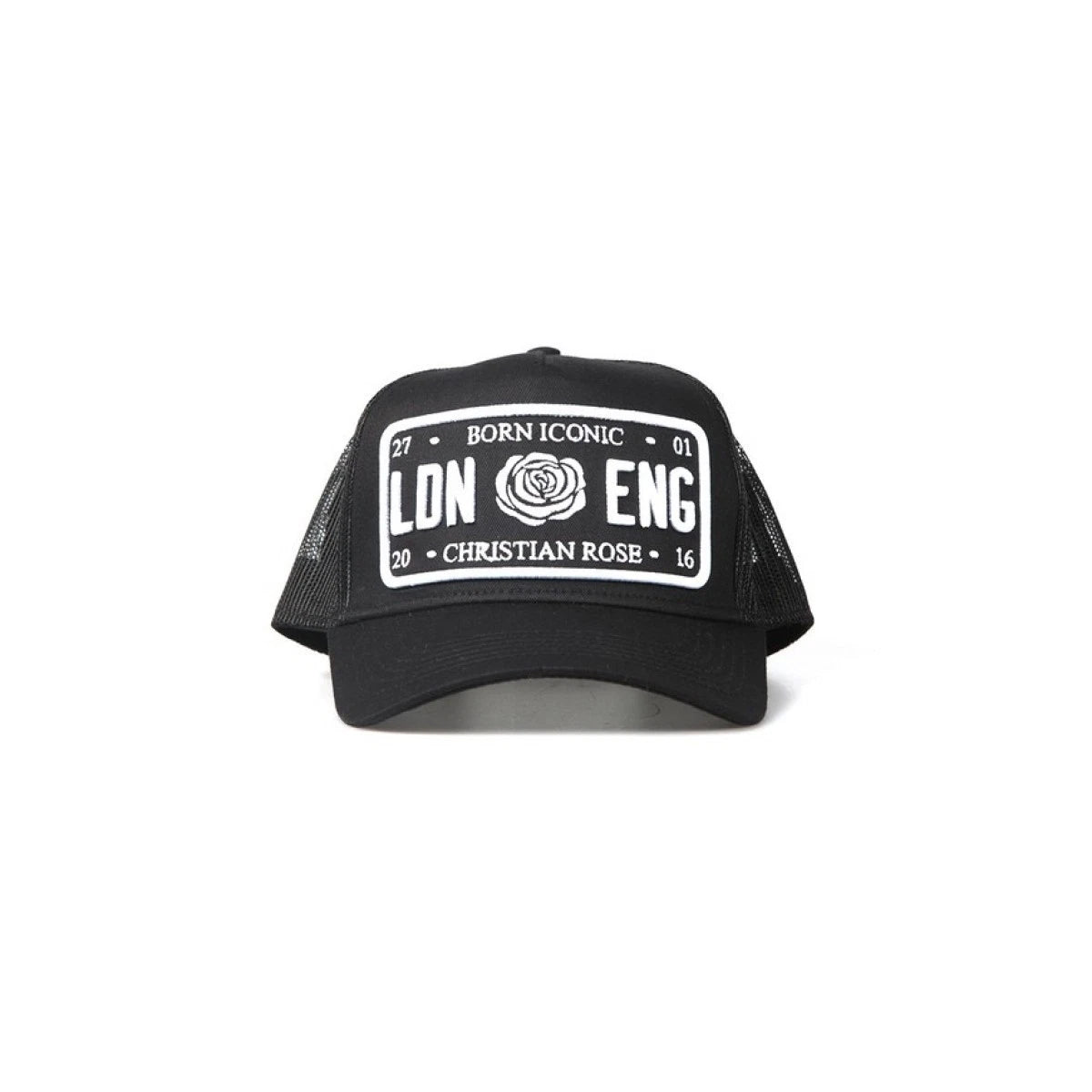 CHRISTIAN ROSE ICONIC PLATE TRUCKER CAP BLACK/WHITE
