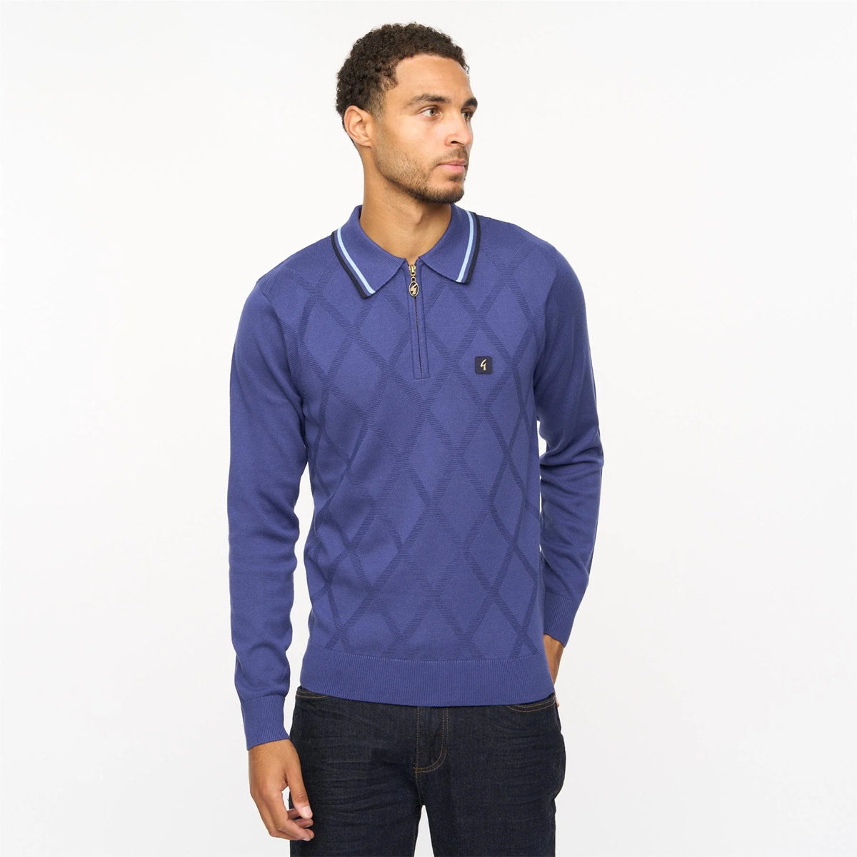MOORE LONG SLEEVE KNITTED POLO ATLANTIC BLUE