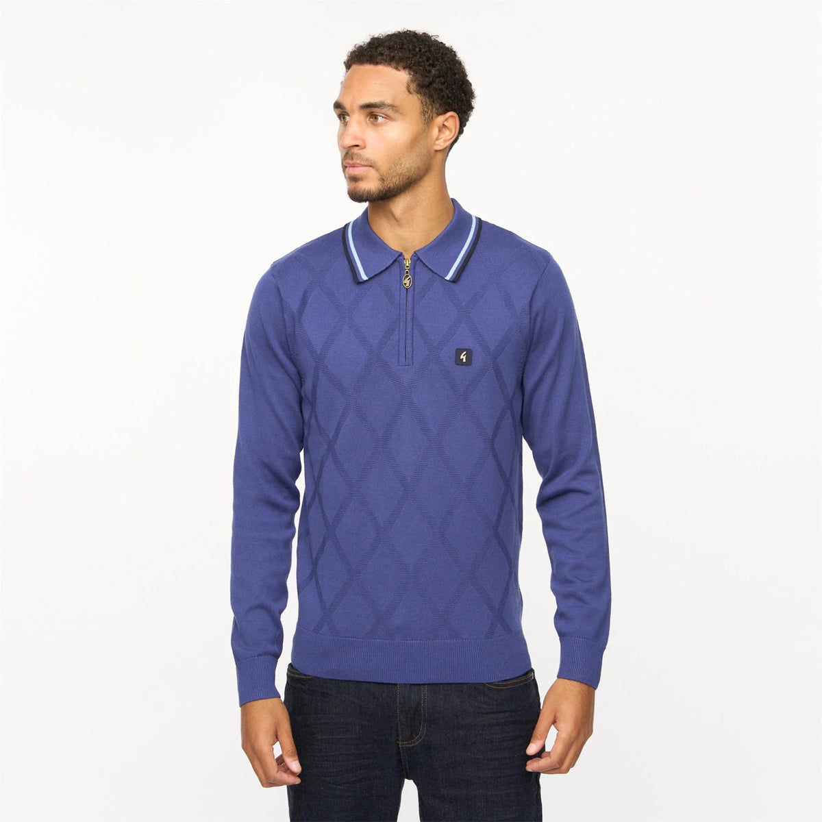MOORE LONG SLEEVE KNITTED POLO ATLANTIC BLUE