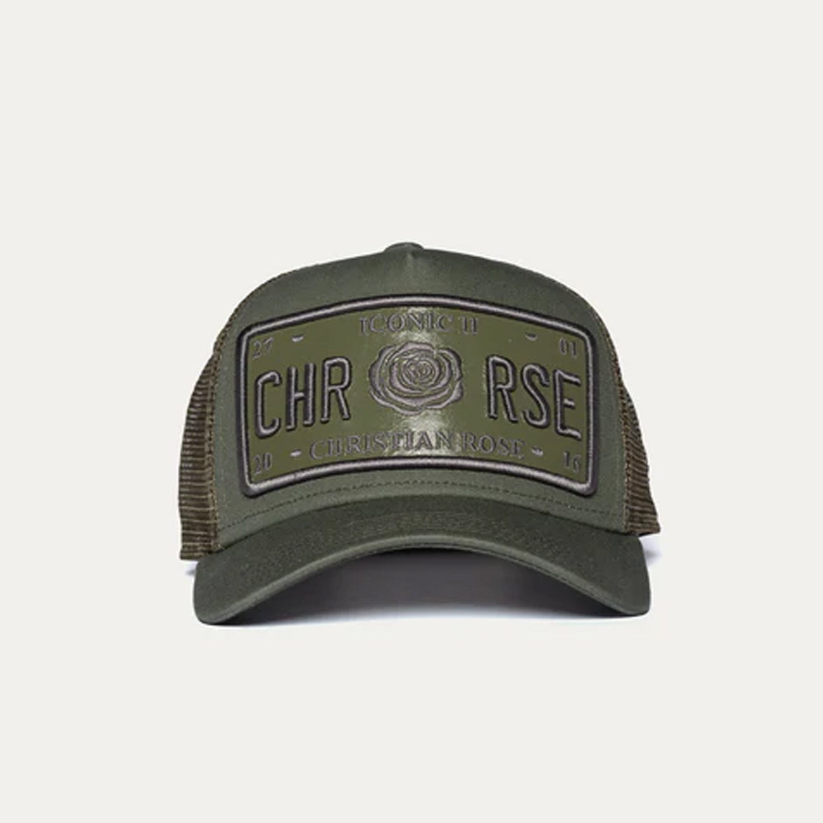 CHRISTIAN ROSE VINYL PATCH TRUCKER CAP – OLIVE GREEN