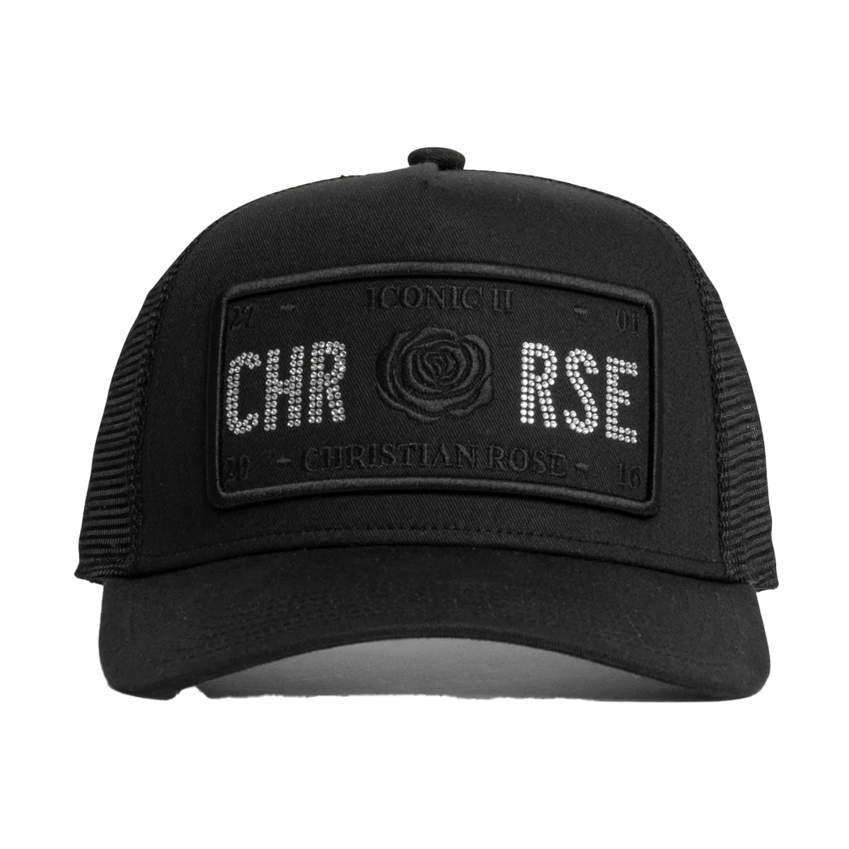 CHRISTIAN ROSE HALF RHINESTONE TRUCKER CAP – BLACK/CYAN