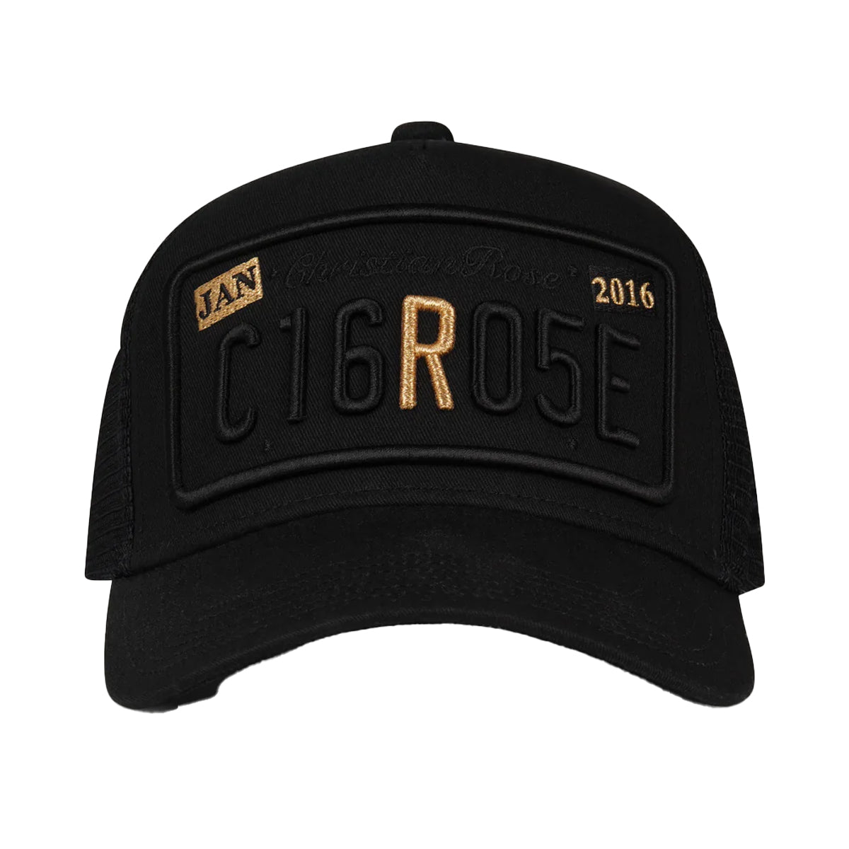 CHRISTIAN ROSE R TWO-TONE TRUCKER CAP – BLACK/GOLD