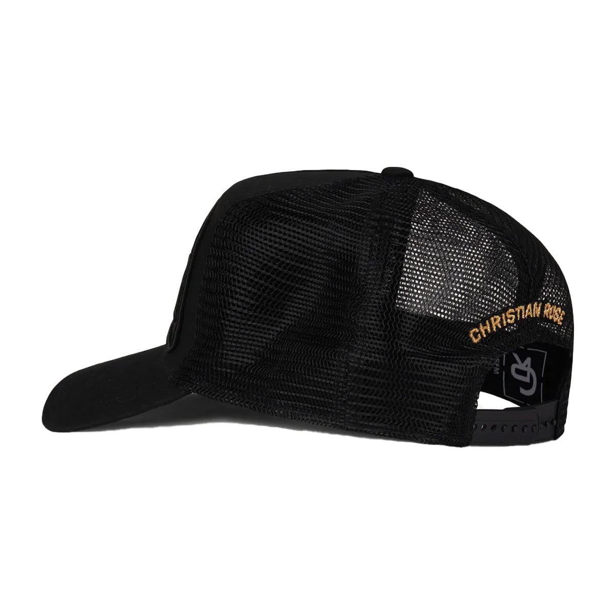 CHRISTIAN ROSE R TWO-TONE TRUCKER CAP – BLACK/GOLD