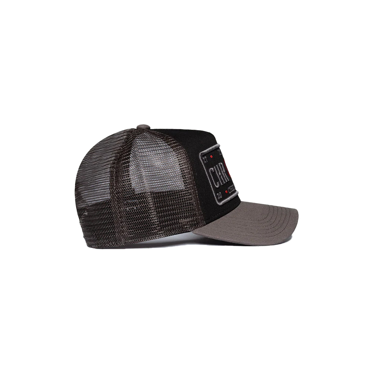 CHRISTIAN ROSE ICONIC II PLATE TRUCKER CAP - GREY / BLACK / RED